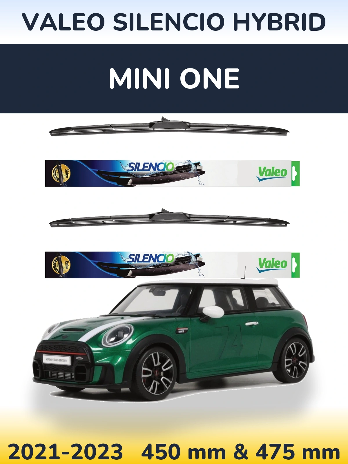 Front wiper blade set Valeo Silencio Hybrid 450 & 475 мм for MINI One 2021-2023