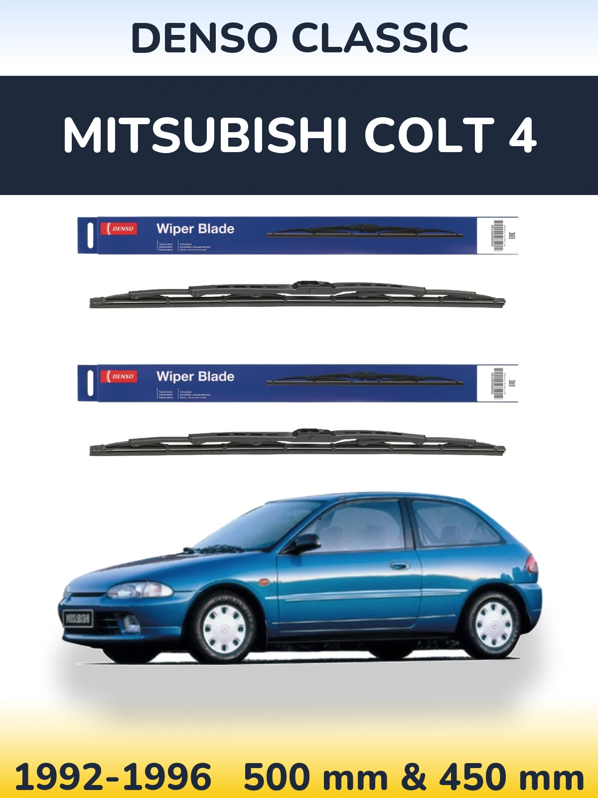 Front wiper blade set Denso Classic 500 & 450 mm for Mitsubishi Colt 4 1992-1996