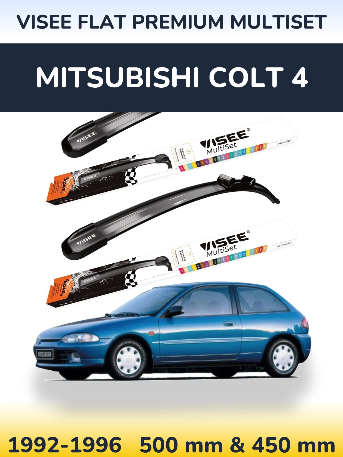 Front wiper blade set VISEE FLAT PREMIUM MultiSet 500 & 450 mm for Mitsubishi Colt 4 1992-1996