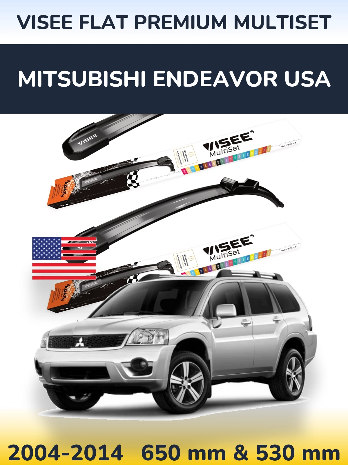 Front wiper blade set VISEE FLAT PREMIUM MultiSet 650 & 530 mm for Mitsubishi Endeavor USA 2004-2014
