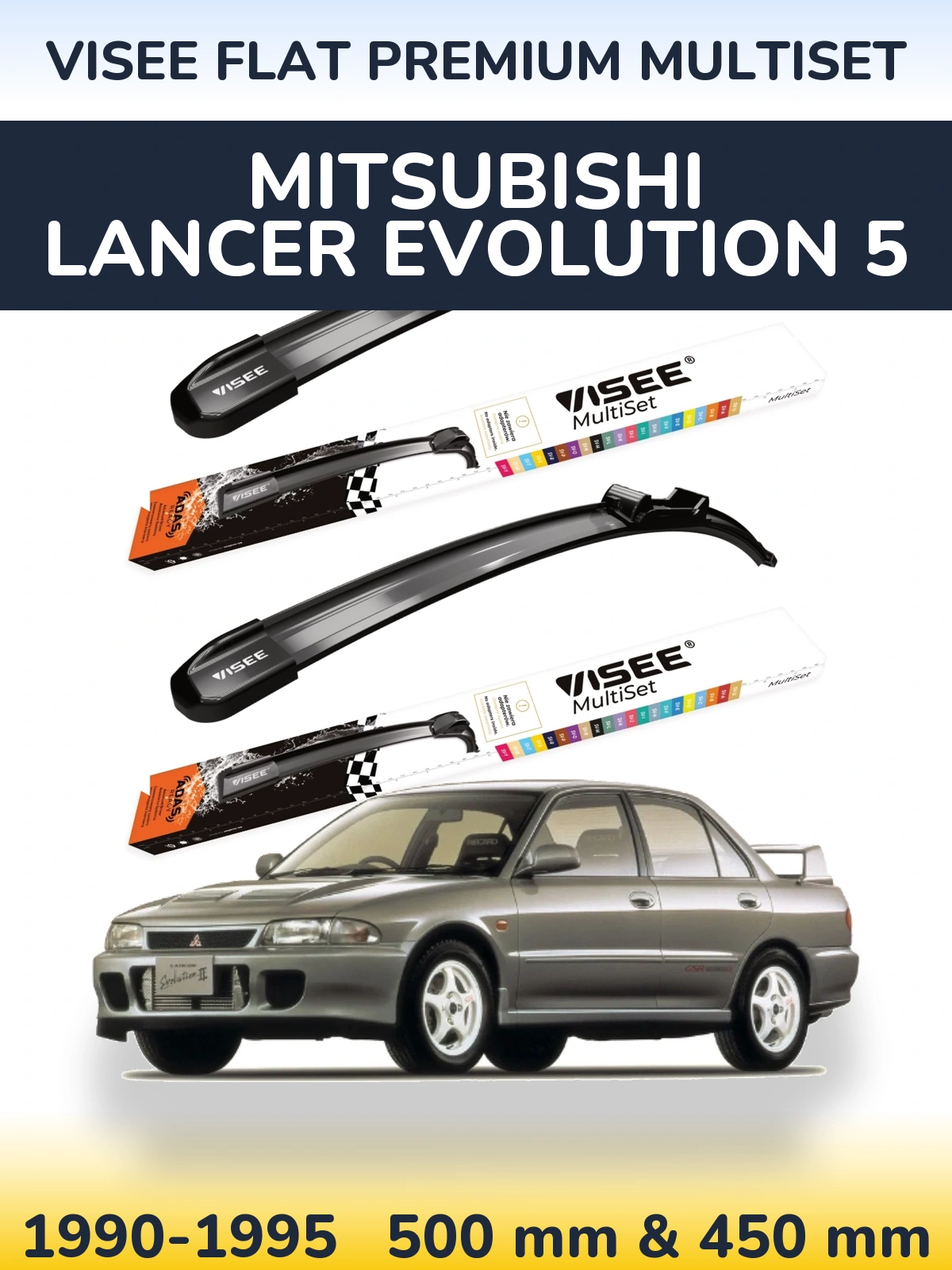 Komplet przednich wycieraczek VISEE FLAT PREMIUM MultiSet 500 & 450 mm do Mitsubishi Lancer Evolution 5 1990-1995