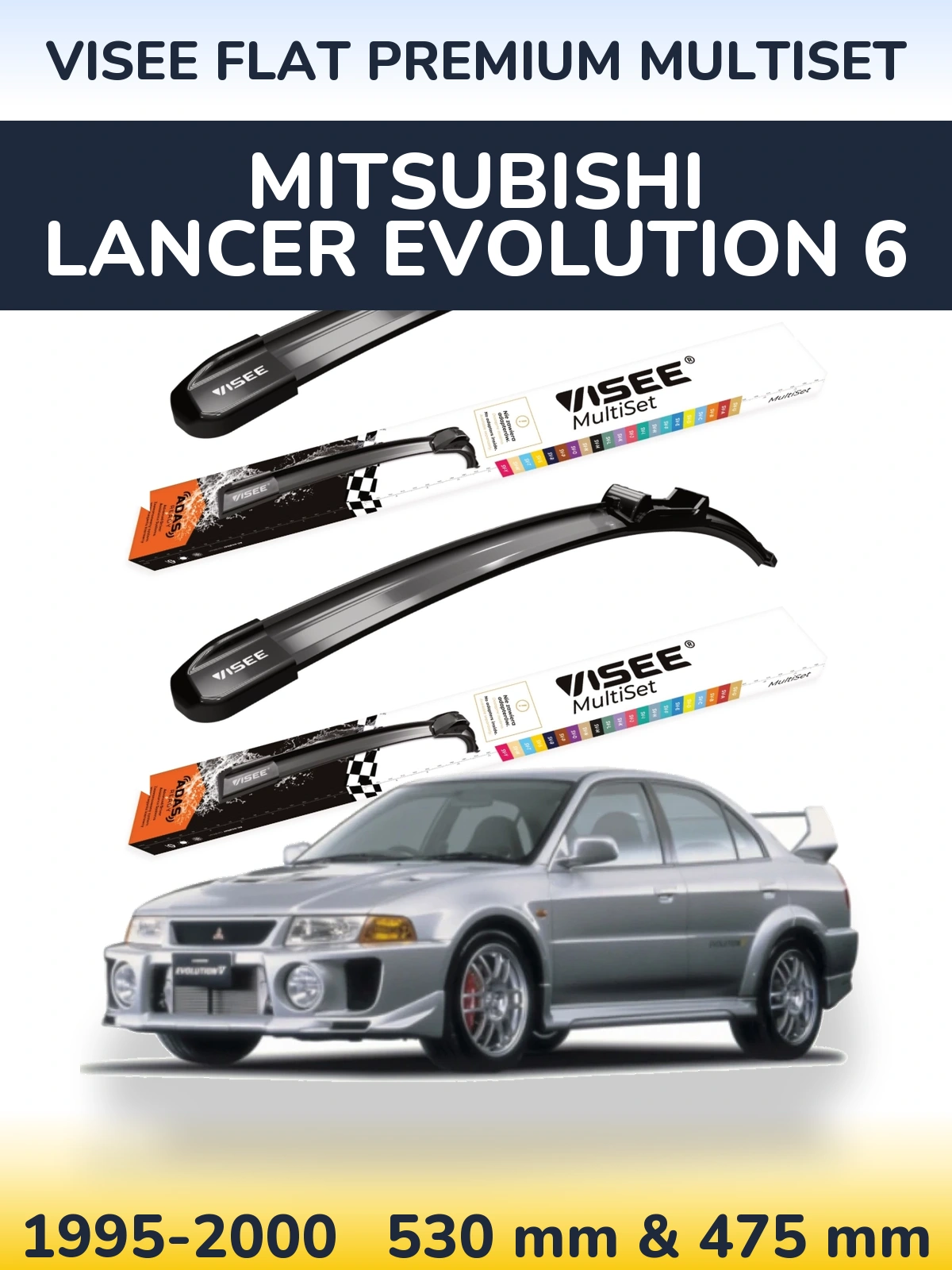 Komplet przednich wycieraczek VISEE FLAT PREMIUM MultiSet 530 & 475 mm do Mitsubishi Lancer Evolution 6 1995-2000