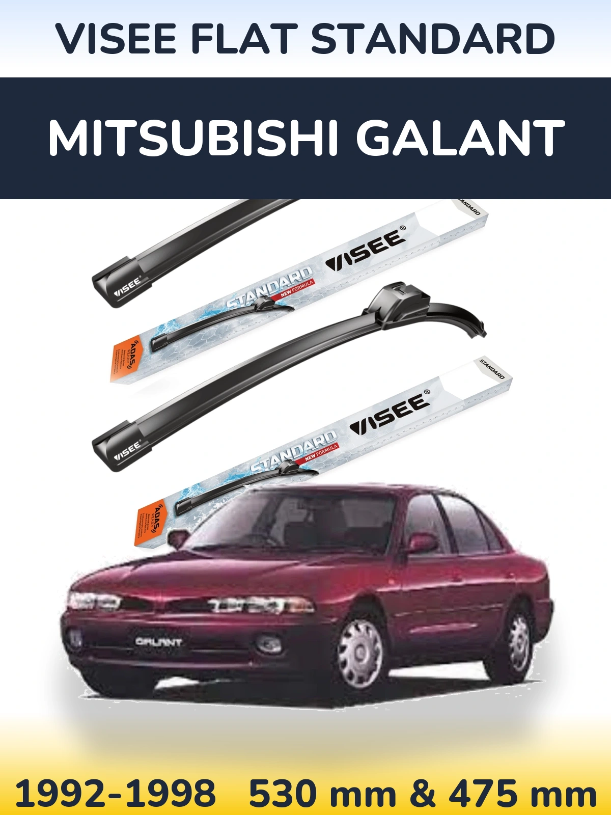 Front wiper blade set VISEE FLAT STANDARD 530 & 475 mm for Mitsubishi Galant 1992-1998