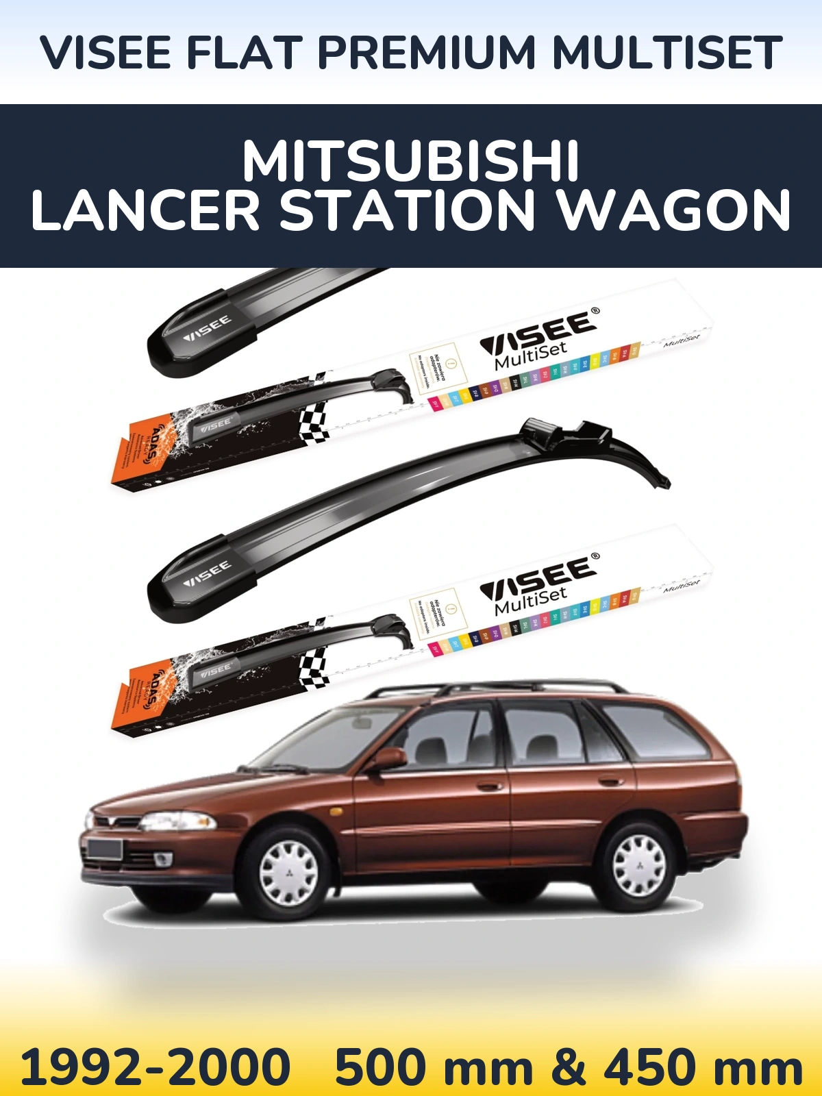 Комплект передних дворников VISEE FLAT PREMIUM MultiSet 500 & 450 мм для Mitsubishi Lancer Station Wagon 1992-2000