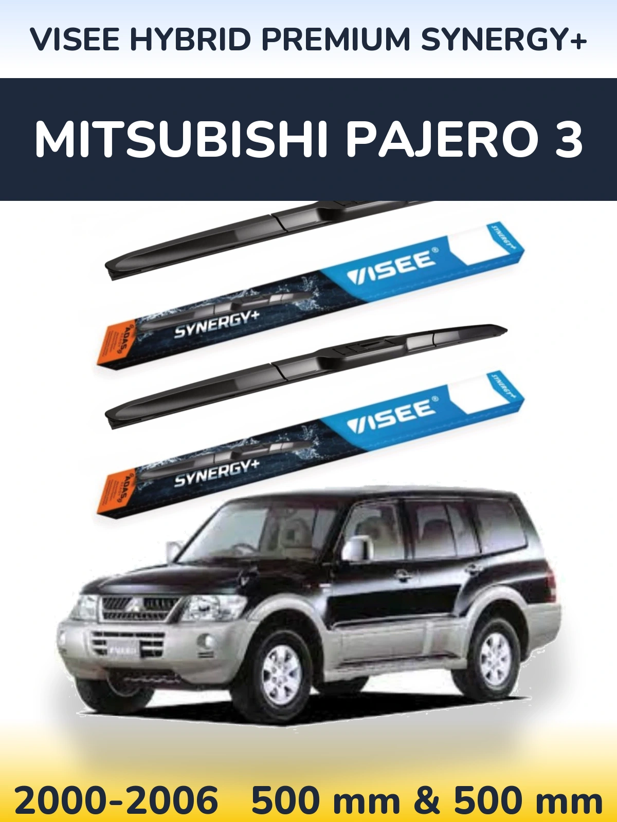 Front wiper blade set VISEE HYBRID PREMIUM SYNERGY+ 500 & 500 mm for Mitsubishi Pajero 3 2000-2006