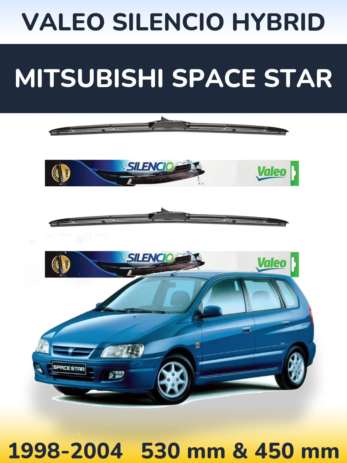 Front wiper blade set Valeo Silencio Hybrid 530 & 450 mm for Mitsubishi Space Star 1998-2004