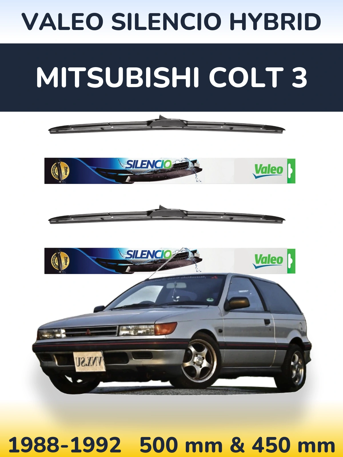 Front wiper blade set Valeo Silencio Hybrid 500 & 450 мм for Mitsubishi Colt 3 1988-1992