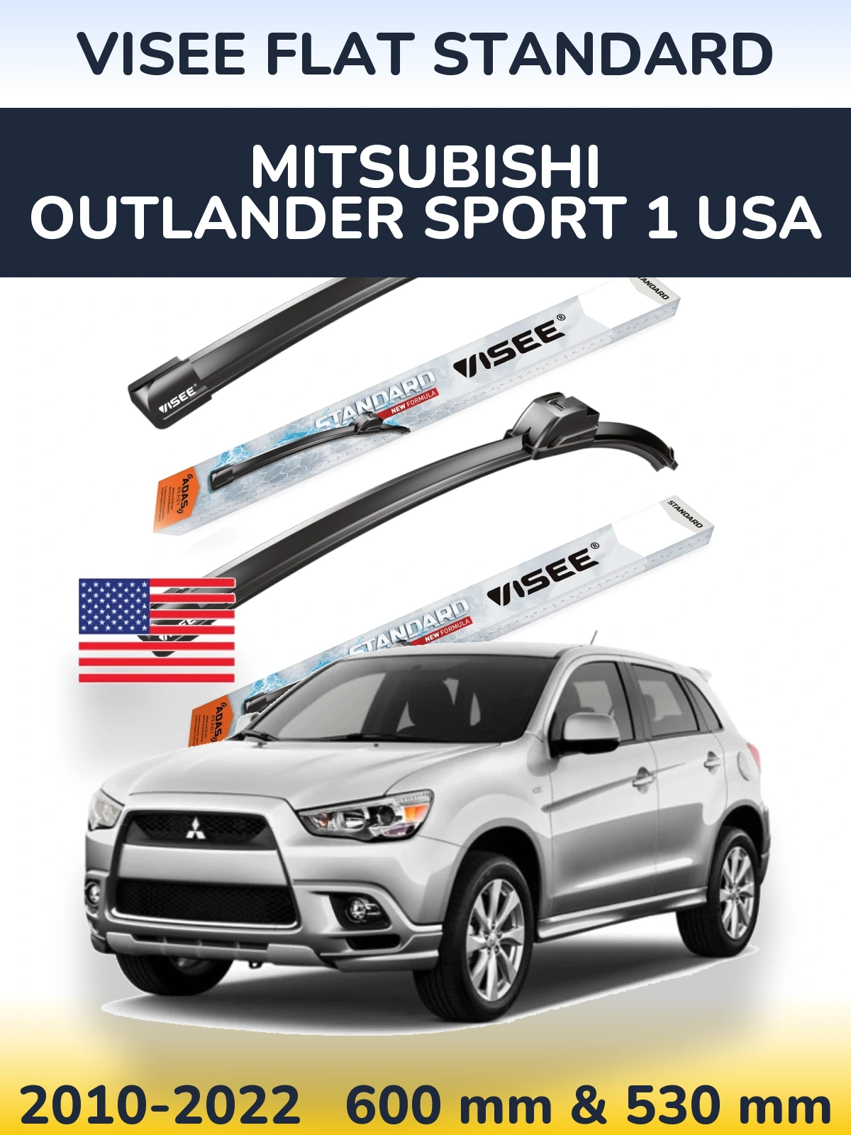 Front wiper blade set VISEE FLAT STANDARD 600 & 530 мм for Mitsubishi Outlander Sport 1 USA 2010-2022