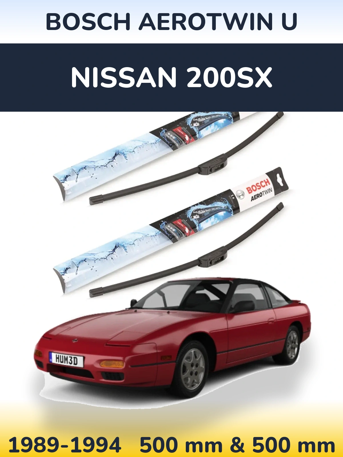 Front wiper blade set BOSCH AeroTwin U 500 & 500 mm for Nissan 200SX 1989-1994