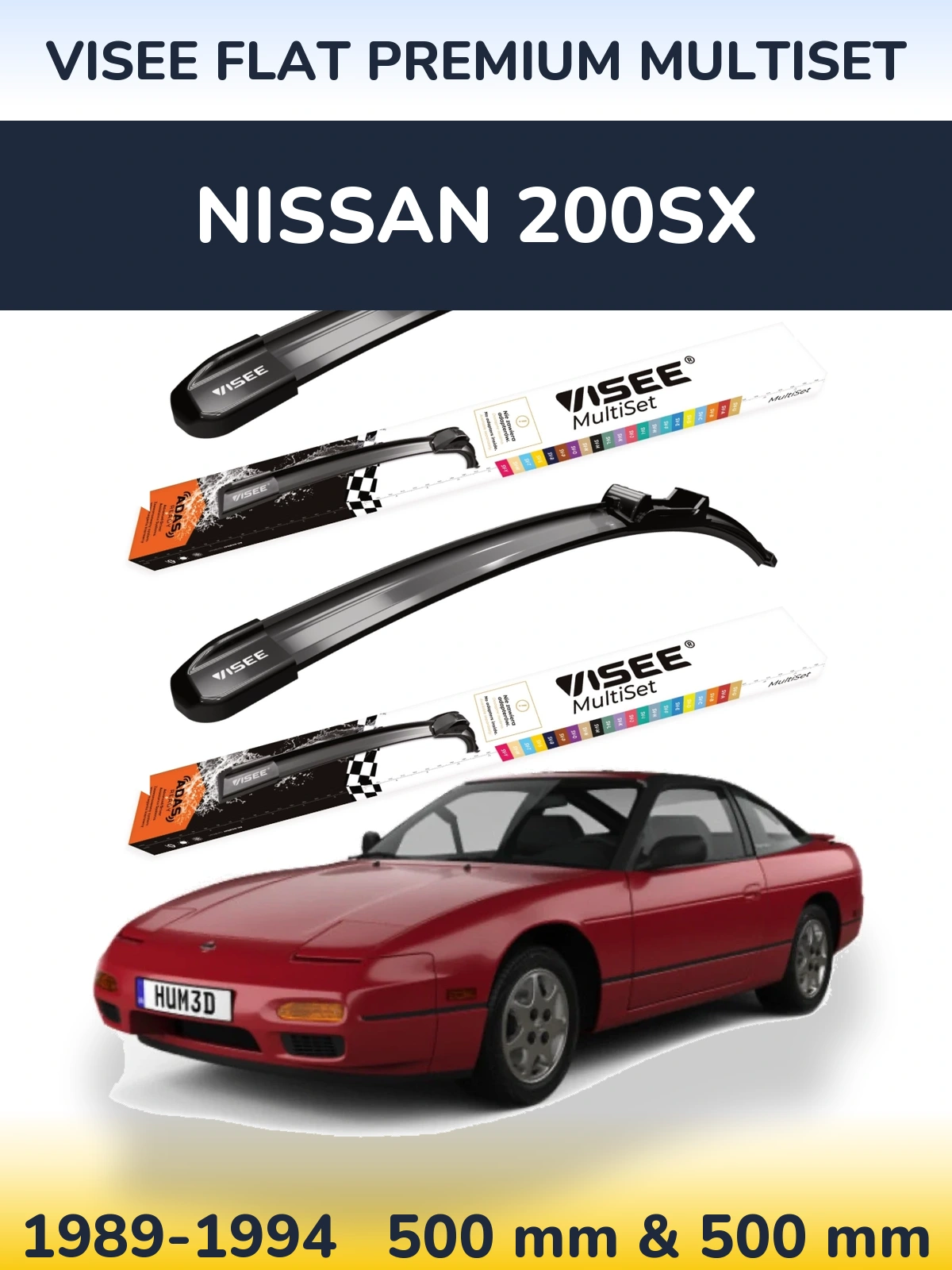 Front wiper blade set VISEE FLAT PREMIUM MultiSet 500 & 500 mm for Nissan 200SX 1989-1994