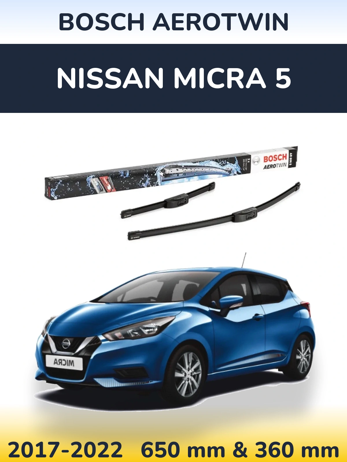 Комплект передних дворников BOSCH AeroTwin 650 & 360 мм для Nissan Micra 5 2017-2022