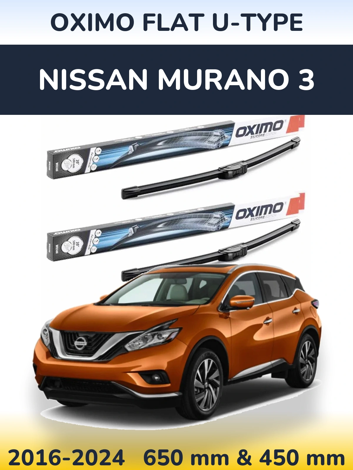 Комплект передних дворников Oximo Flat U-type 650 & 450 мм для Nissan Murano 3 2016-2024