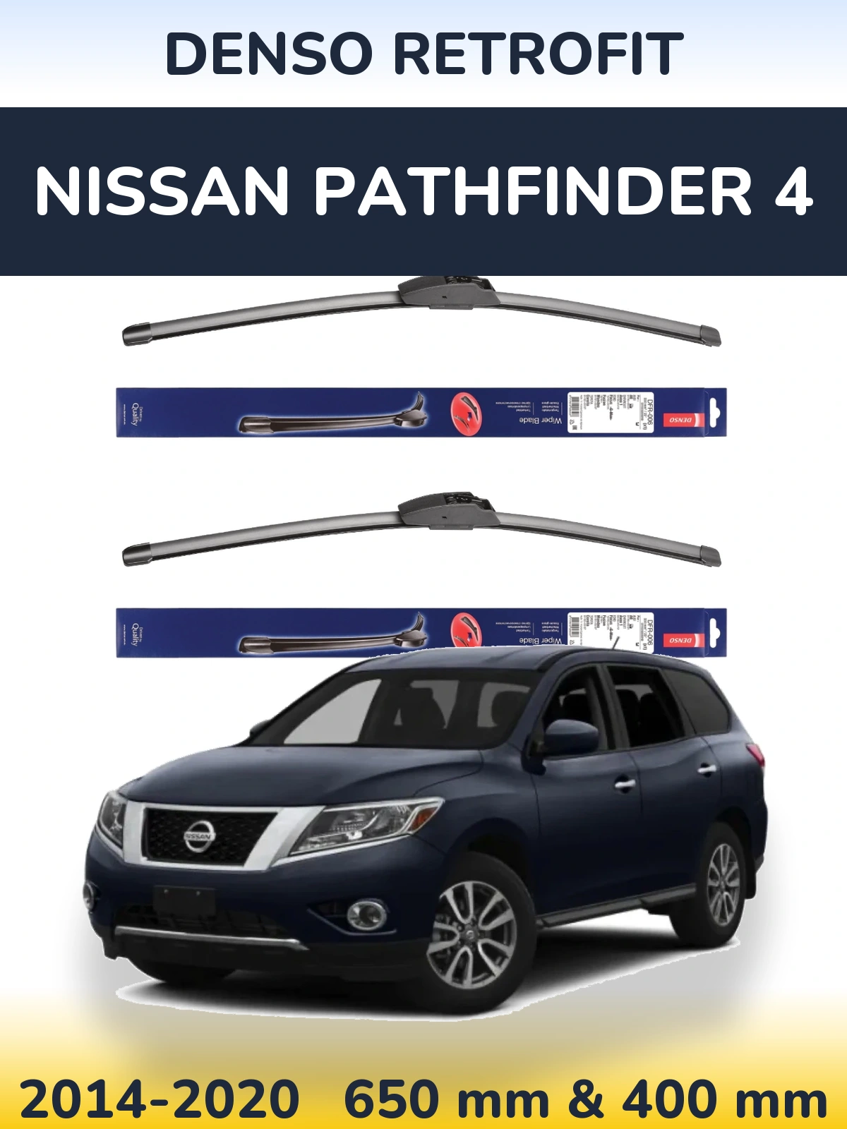 Front wiper blade set Denso Retrofit 650 & 400 mm for Nissan Pathfinder 4 2014-2020