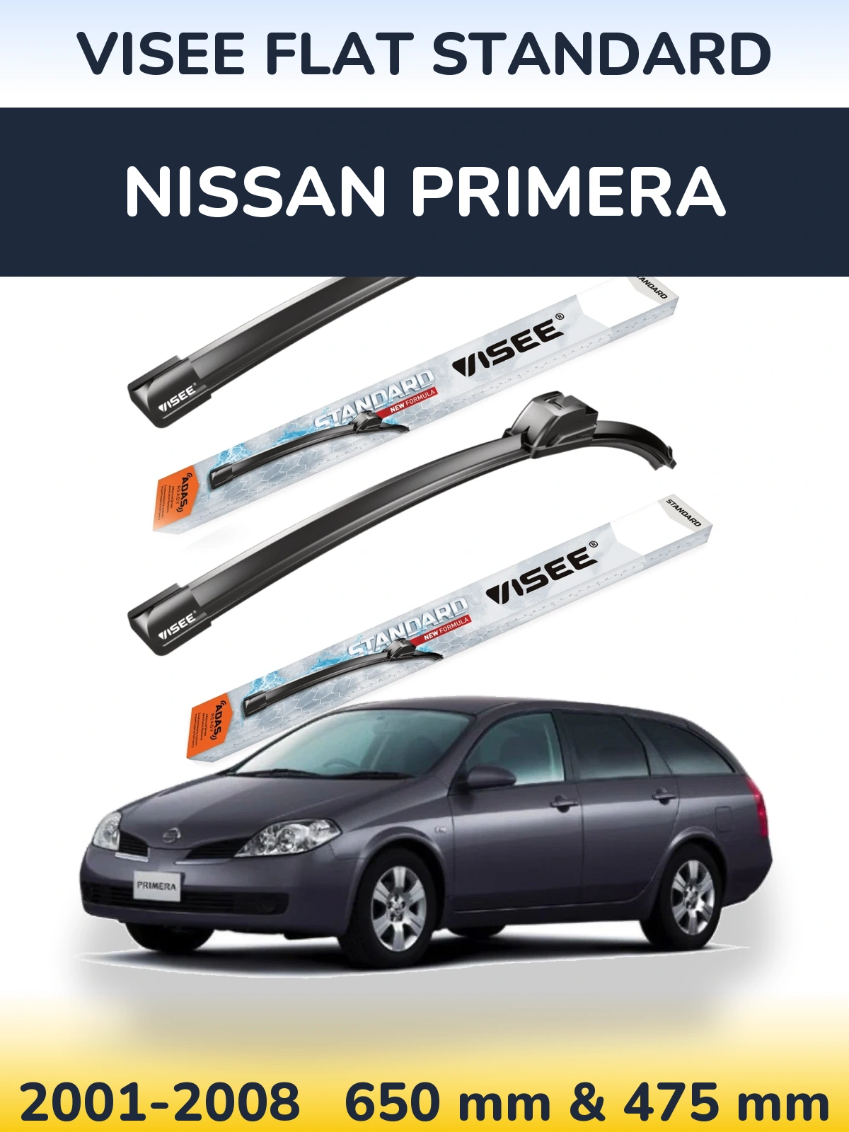 Комплект передних дворников VISEE FLAT STANDARD 650 & 475 мм для Nissan Primera 2001-2008