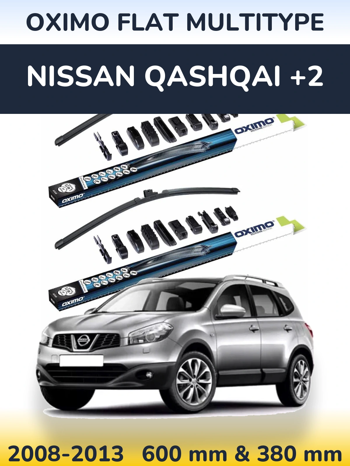 Front wiper blade set Oximo Flat MultiTypee 600 & 380 mm for Nissan Qashqai +2 2008-2013