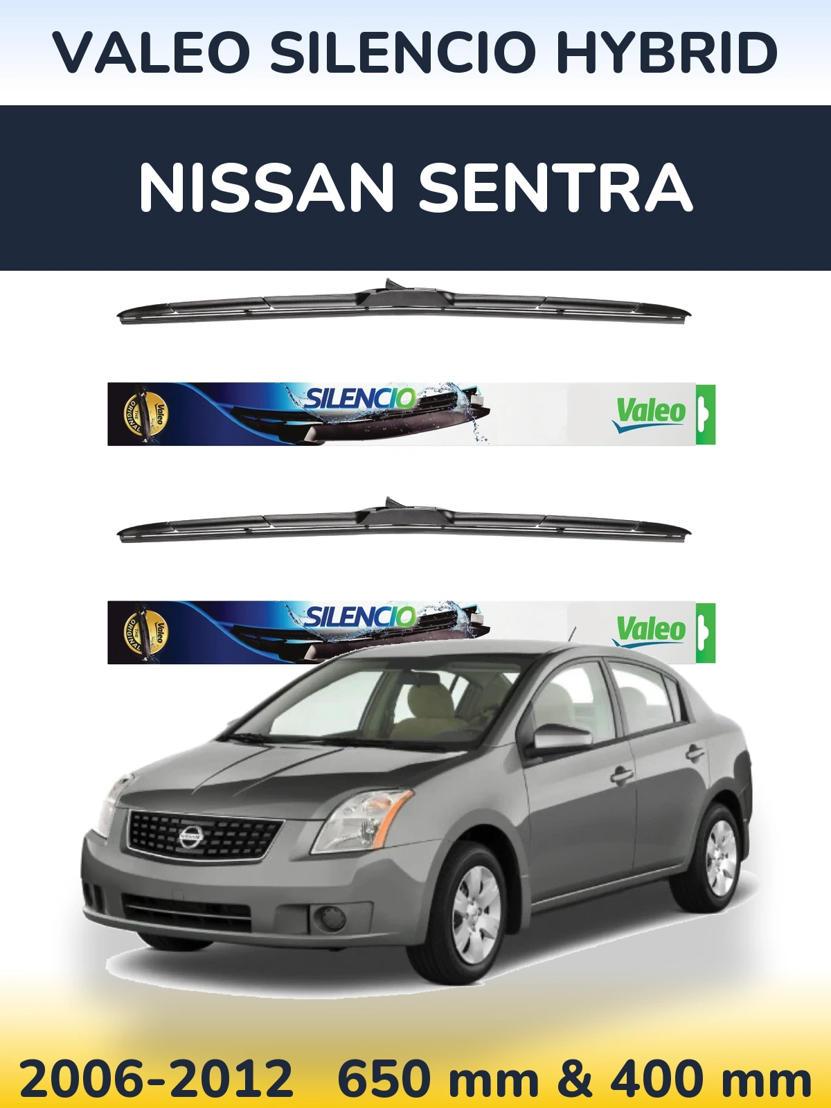 Front wiper blade set Valeo Silencio Hybrid 650 & 400 mm for Nissan Sentra 2006-2012