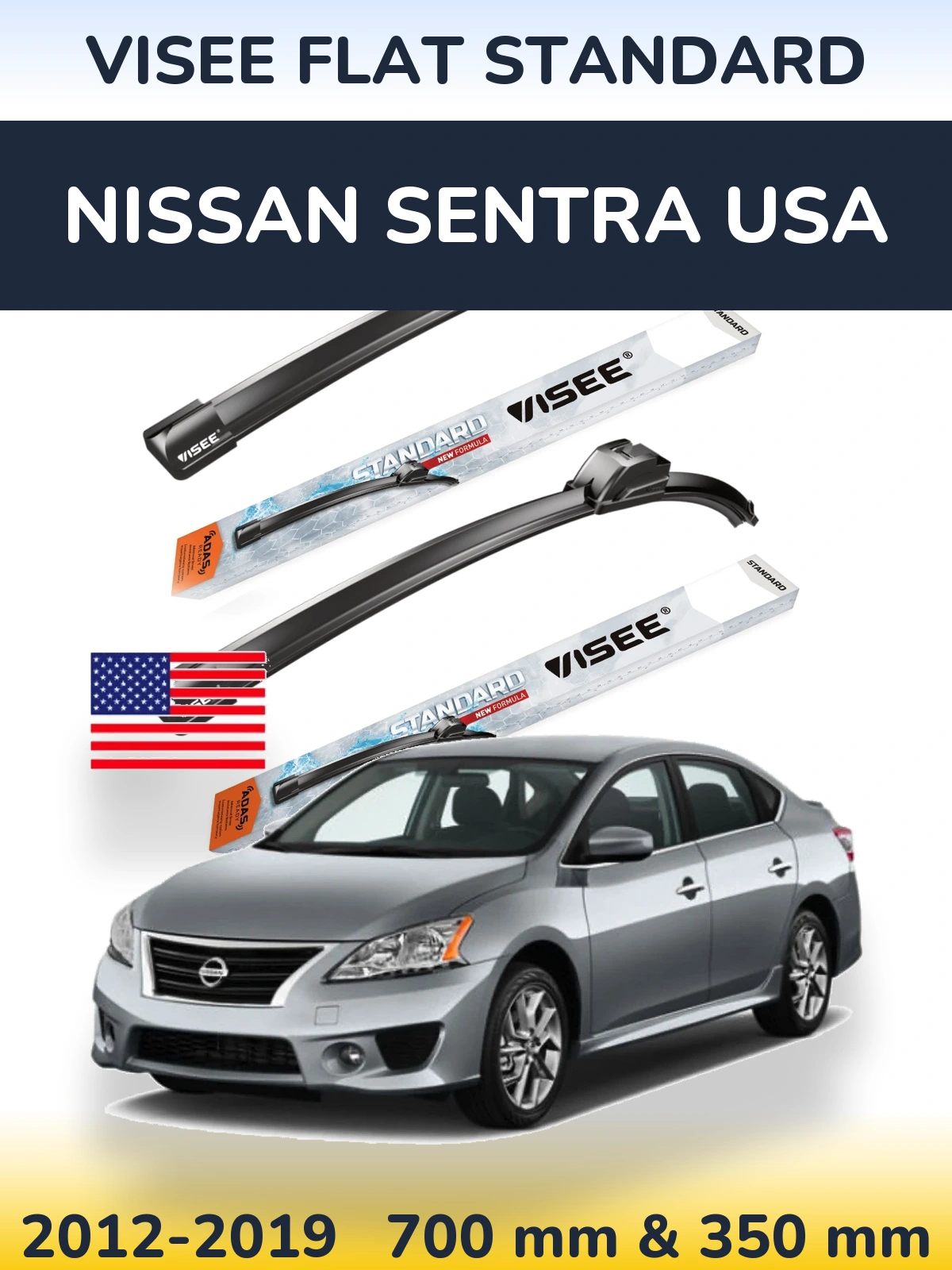 Комплект передніх щіток VISEE FLAT STANDARD 700 & 350 мм для Nissan Sentra USA 2012-2019