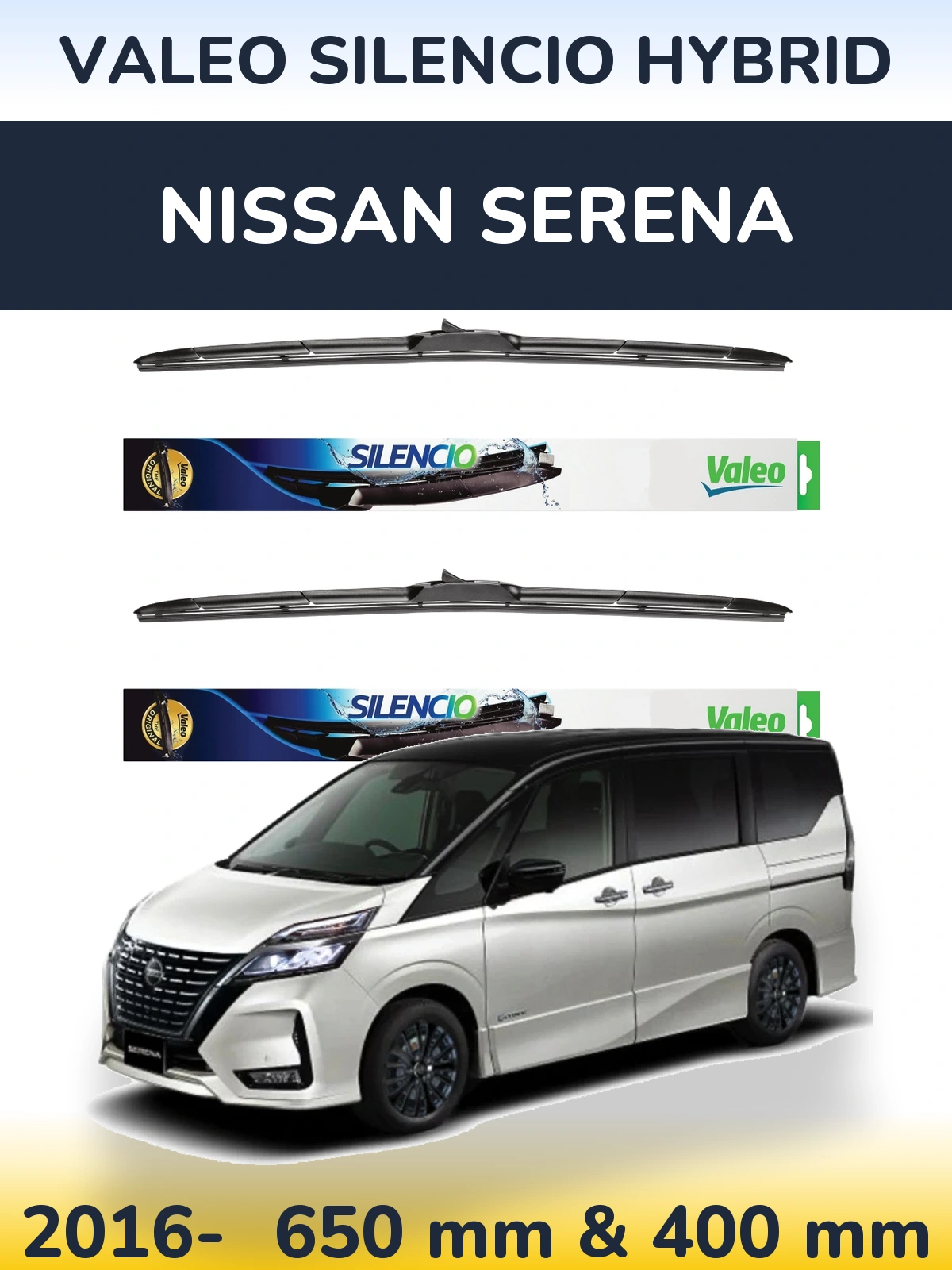 Front wiper blade set Valeo Silencio Hybrid 650 & 400 мм for Nissan Serena 2016-2026