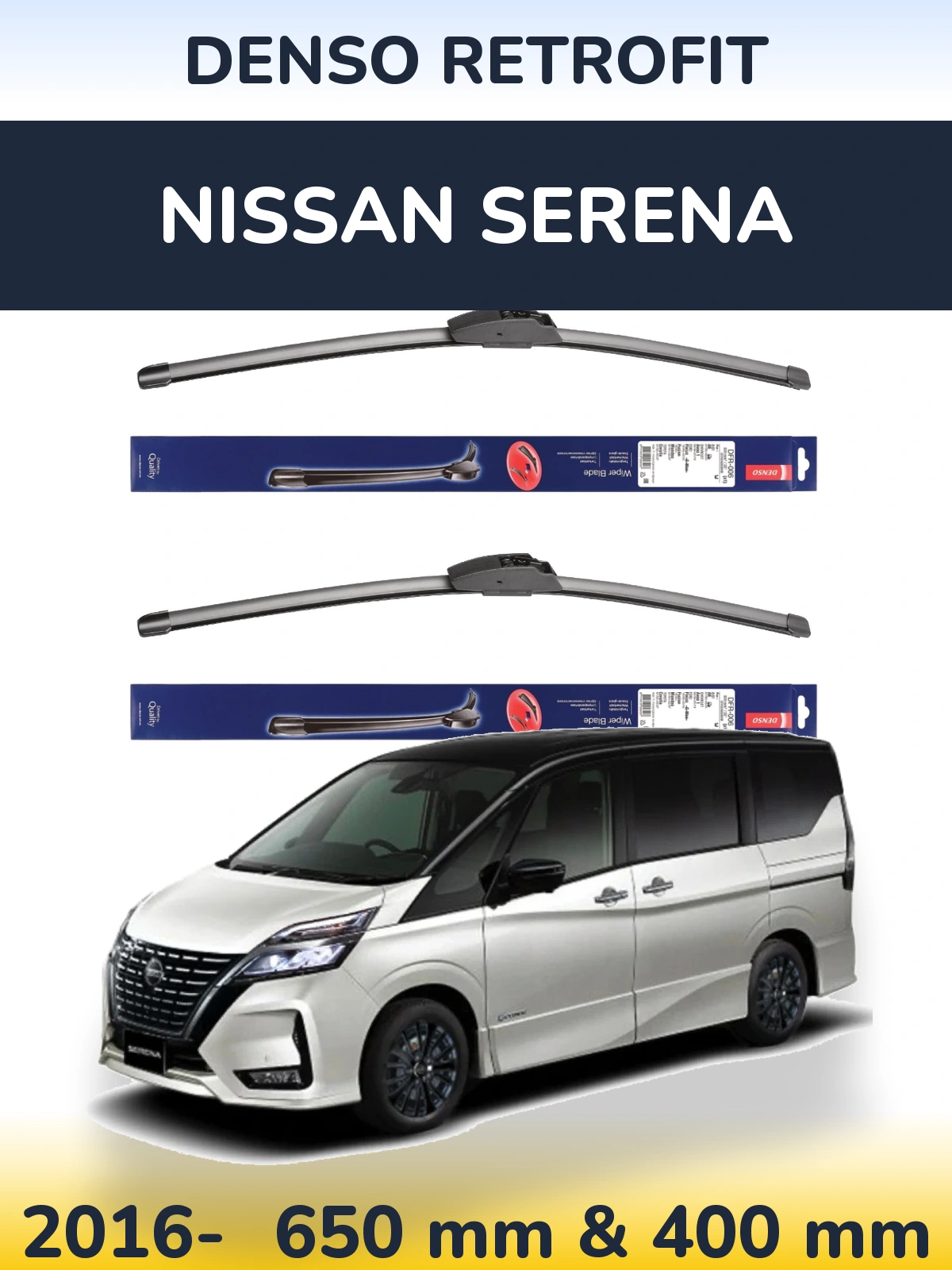 Front wiper blade set Denso Retrofit 650 & 400 мм for Nissan Serena 2016-2026