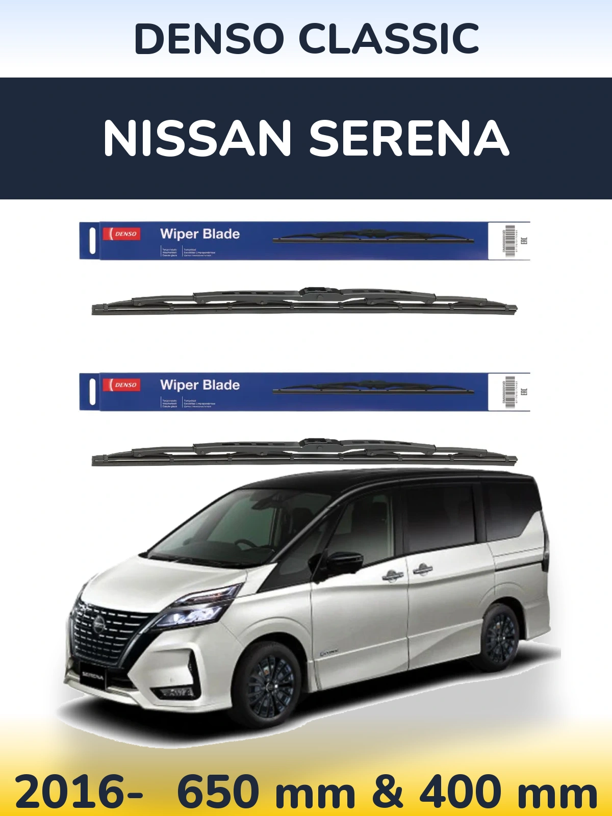Front wiper blade set Denso Classic 650 & 400 mm for Nissan Serena 2016-2026