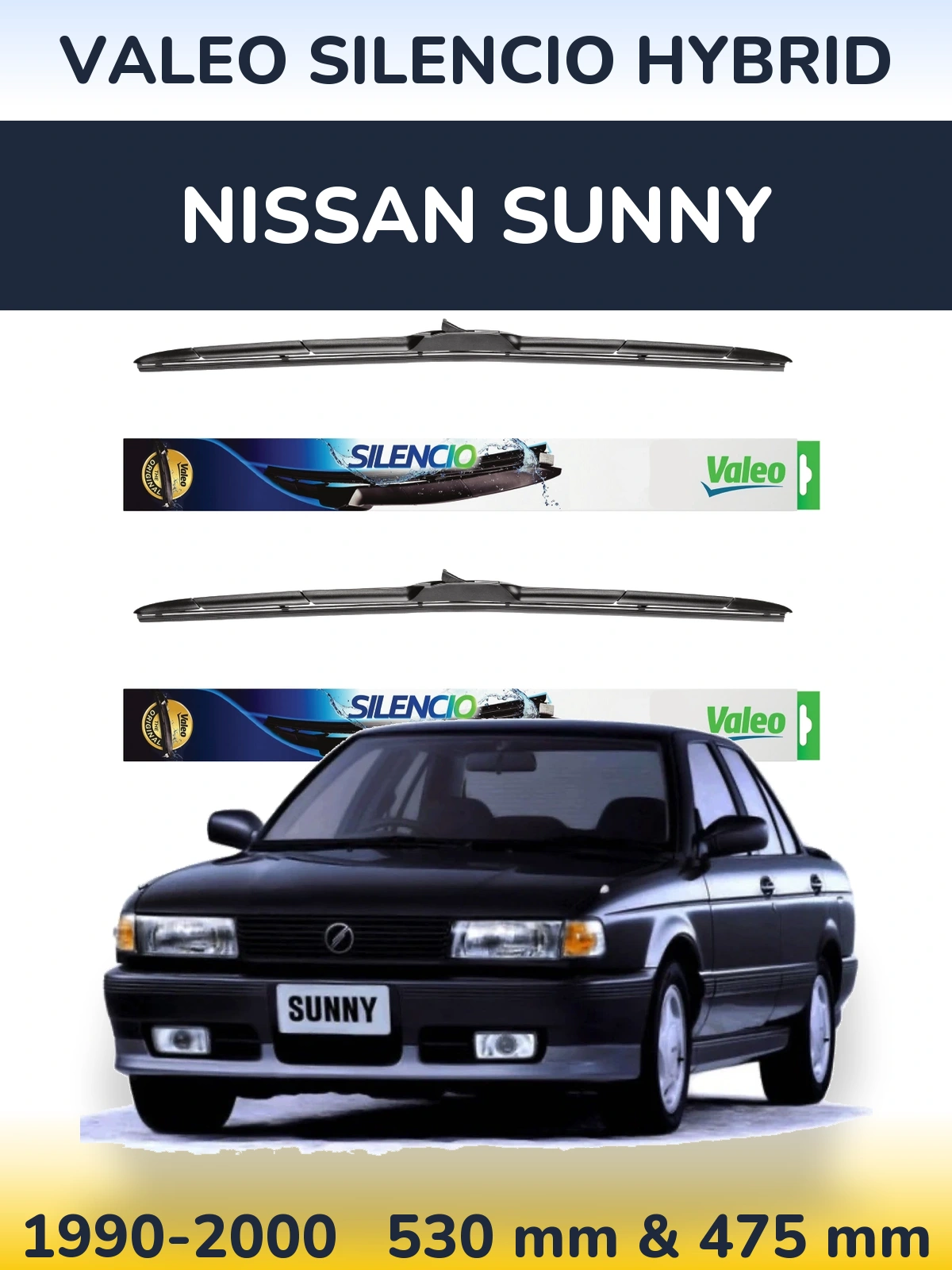 Front wiper blade set Valeo Silencio Hybrid 530 & 475 mm for Nissan Sunny 1990-2000