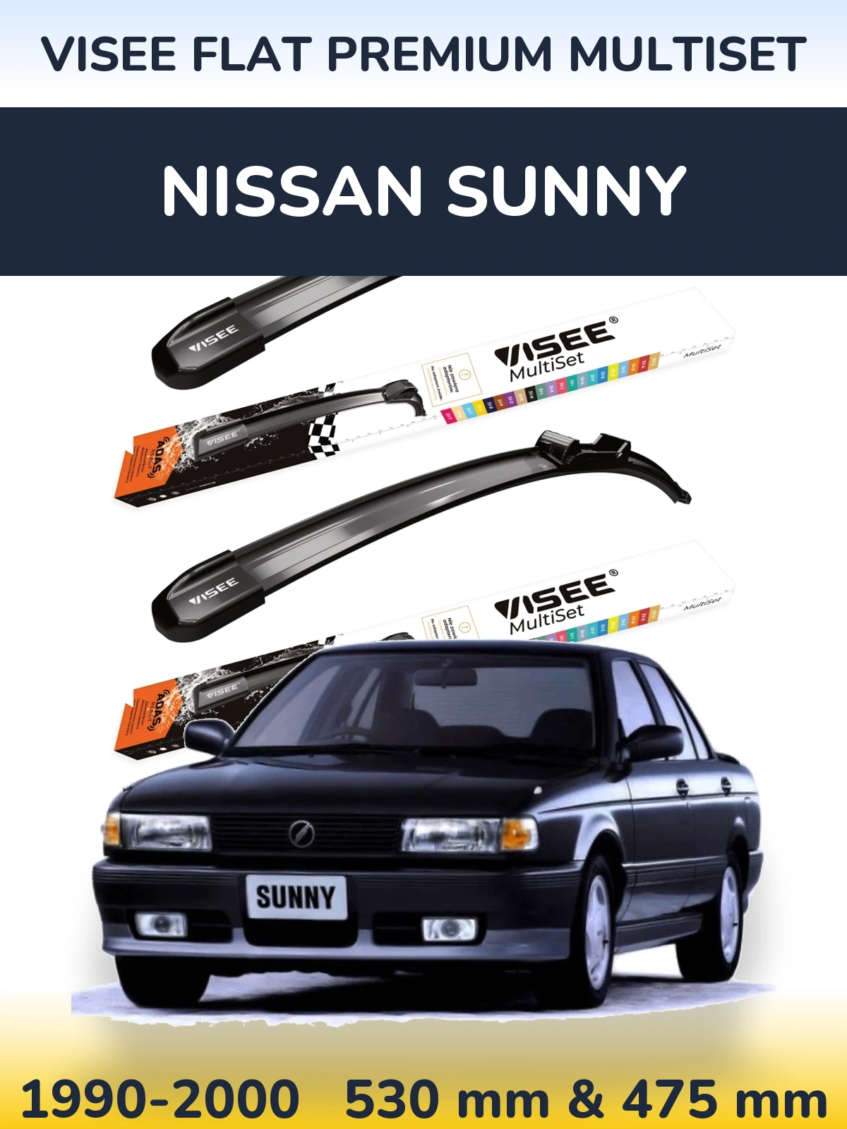 Komplet przednich wycieraczek VISEE FLAT PREMIUM MultiSet 530 & 475 mm do Nissan Sunny 1990-2000