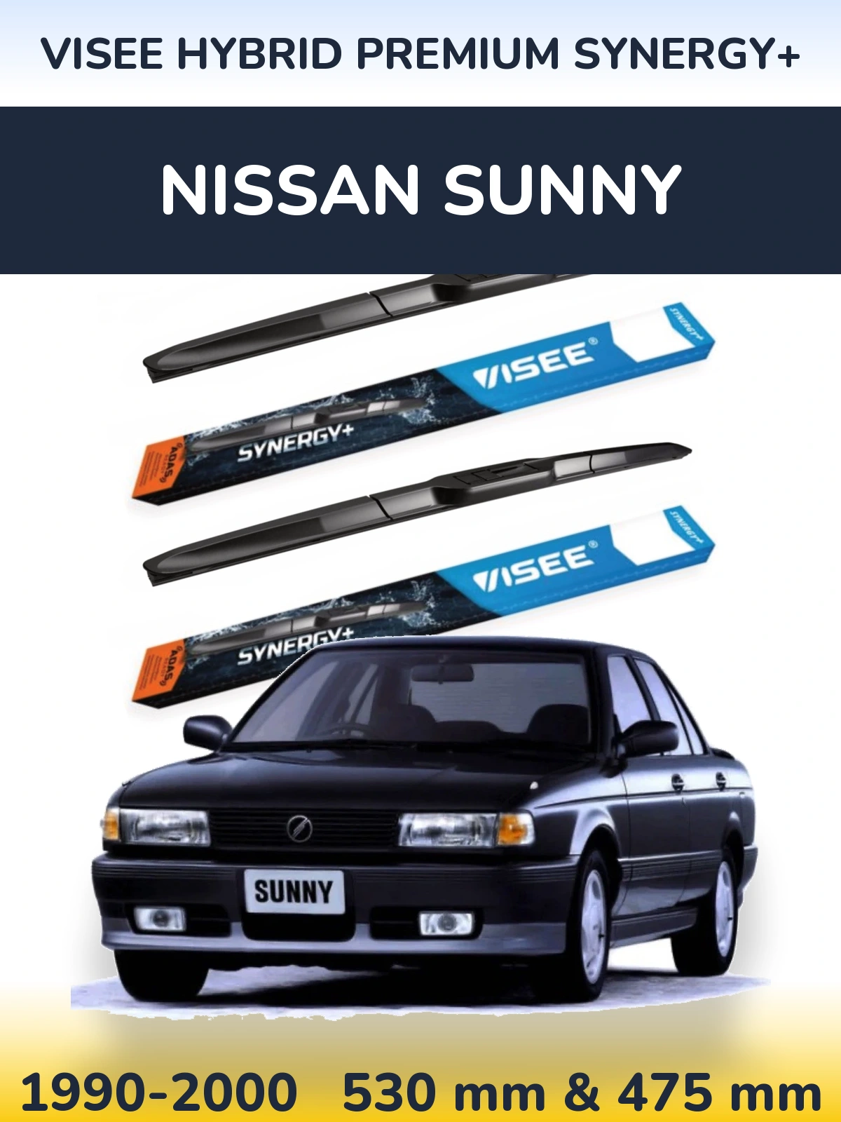 Front wiper blade set VISEE HYBRID PREMIUM SYNERGY+ 530 & 475 mm for Nissan Sunny 1990-2000