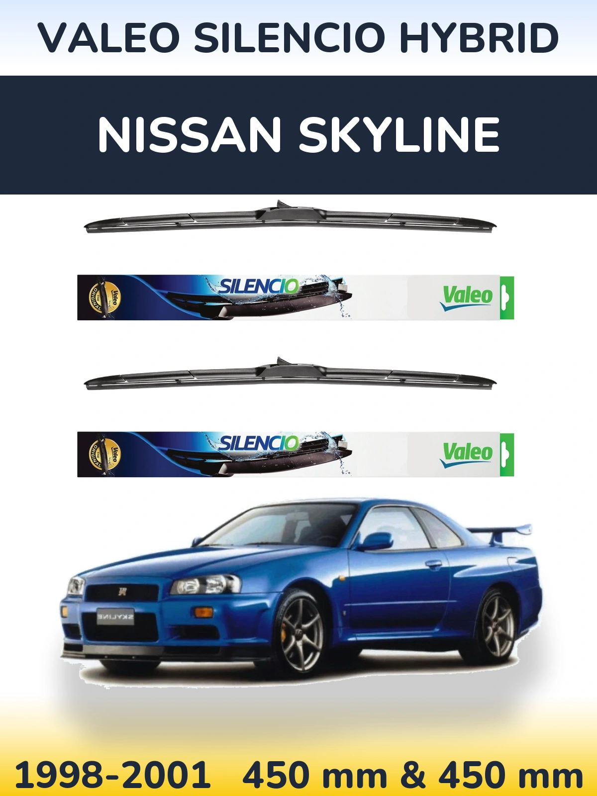 Komplet przednich wycieraczek Valeo Silencio Hybrid 450 & 450 mm do Nissan Skyline 1998-2001