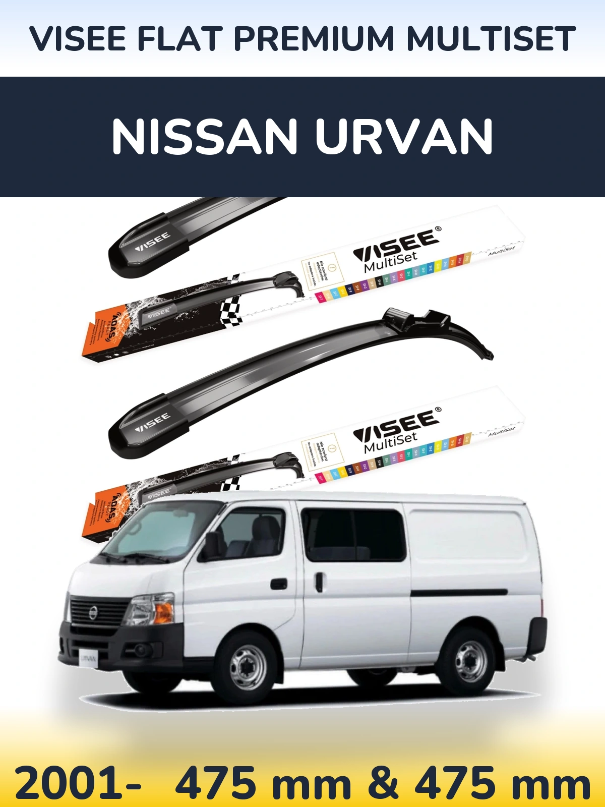 Front wiper blade set VISEE FLAT PREMIUM MultiSet 475 & 475 мм for Nissan Urvan 2001-2026