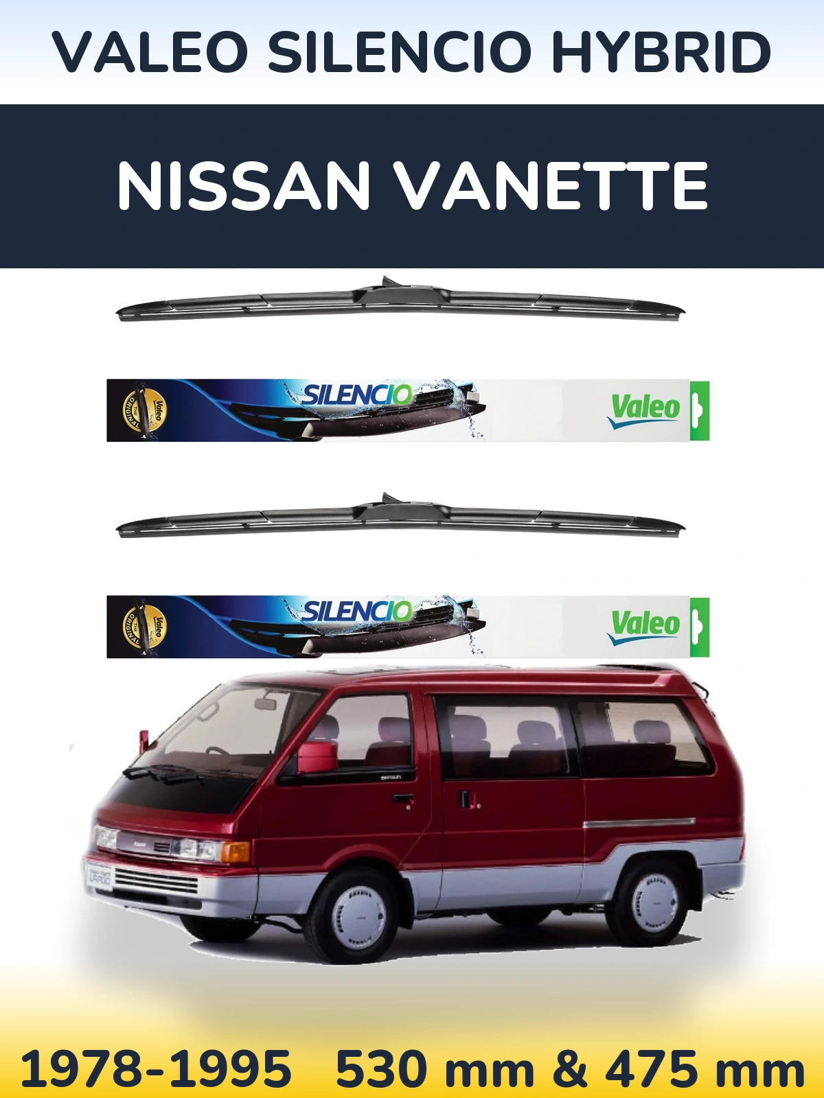 Комплект передніх щіток Valeo Silencio Hybrid 530 & 475 мм для Nissan Vanette 1978-1995