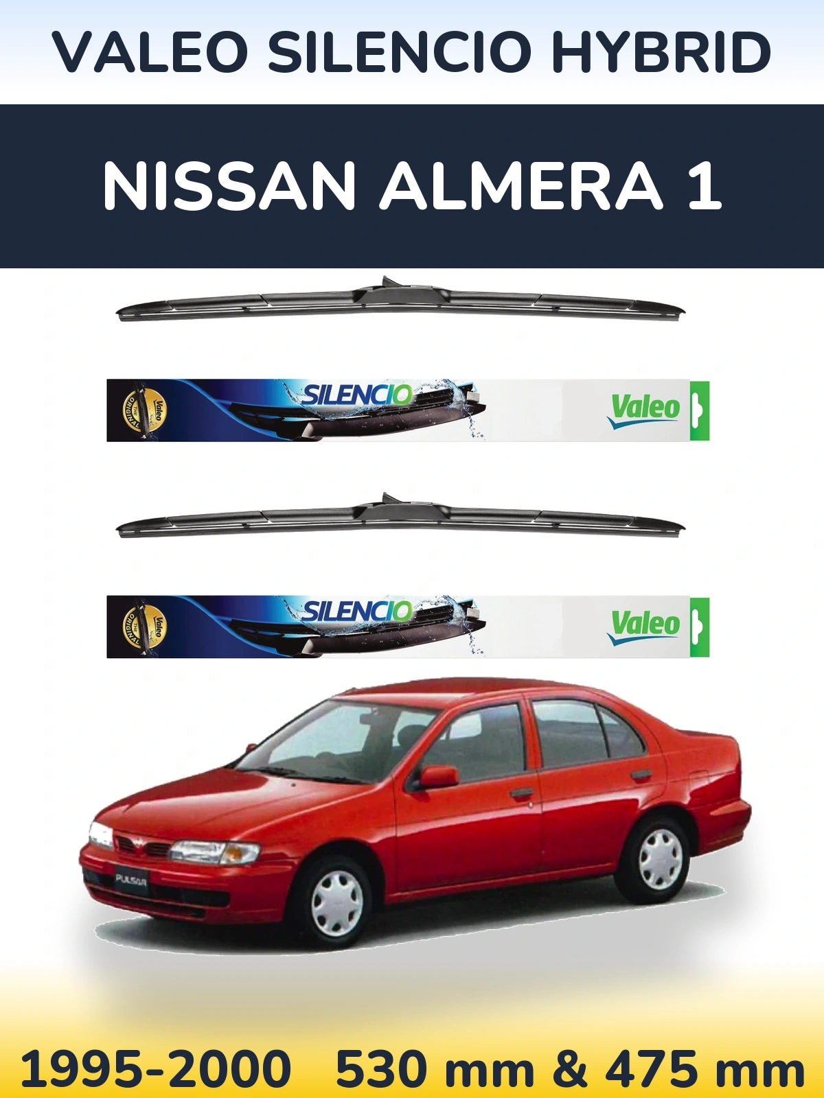 Front wiper blade set Valeo Silencio Hybrid 530 & 475 мм for Nissan Almera 1 1995-2000