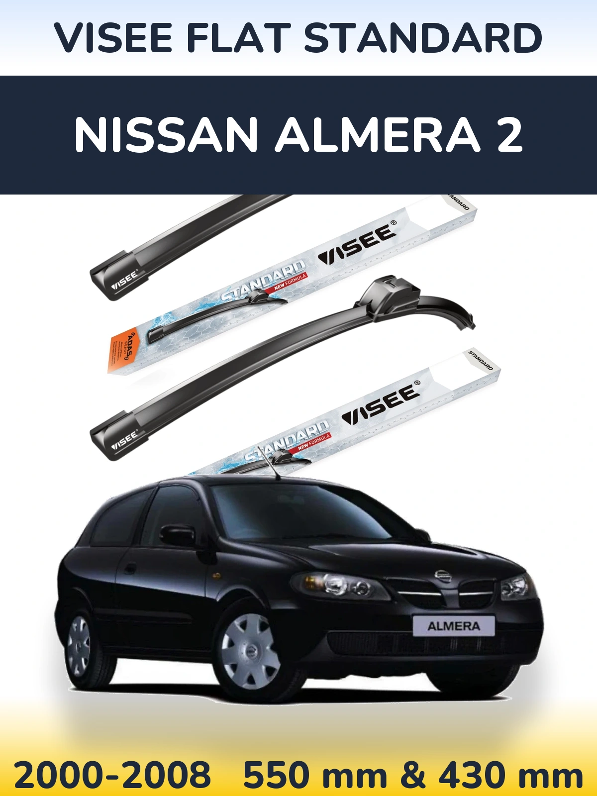 Front wiper blade set VISEE FLAT STANDARD 550 & 430 мм for Nissan Almera 2 2000-2008