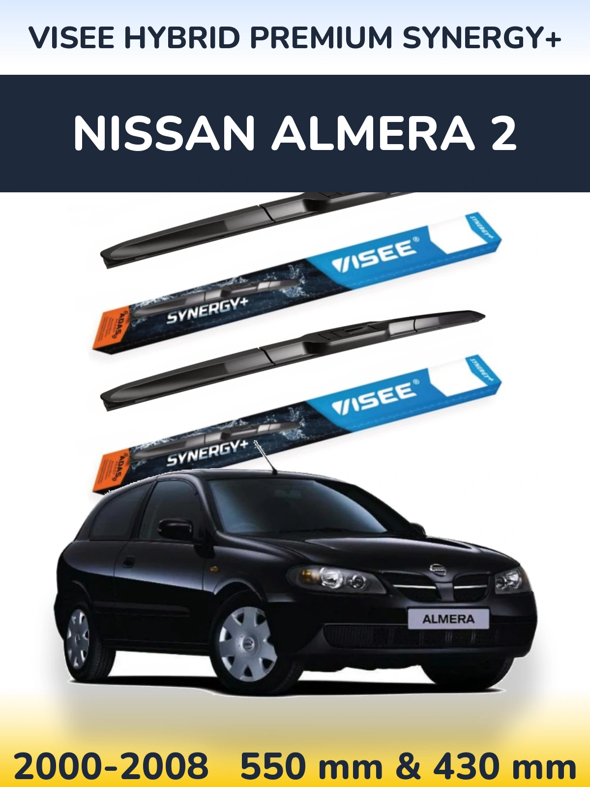 Front wiper blade set VISEE HYBRID PREMIUM SYNERGY+ 550 & 430 мм for Nissan Almera 2 2000-2008
