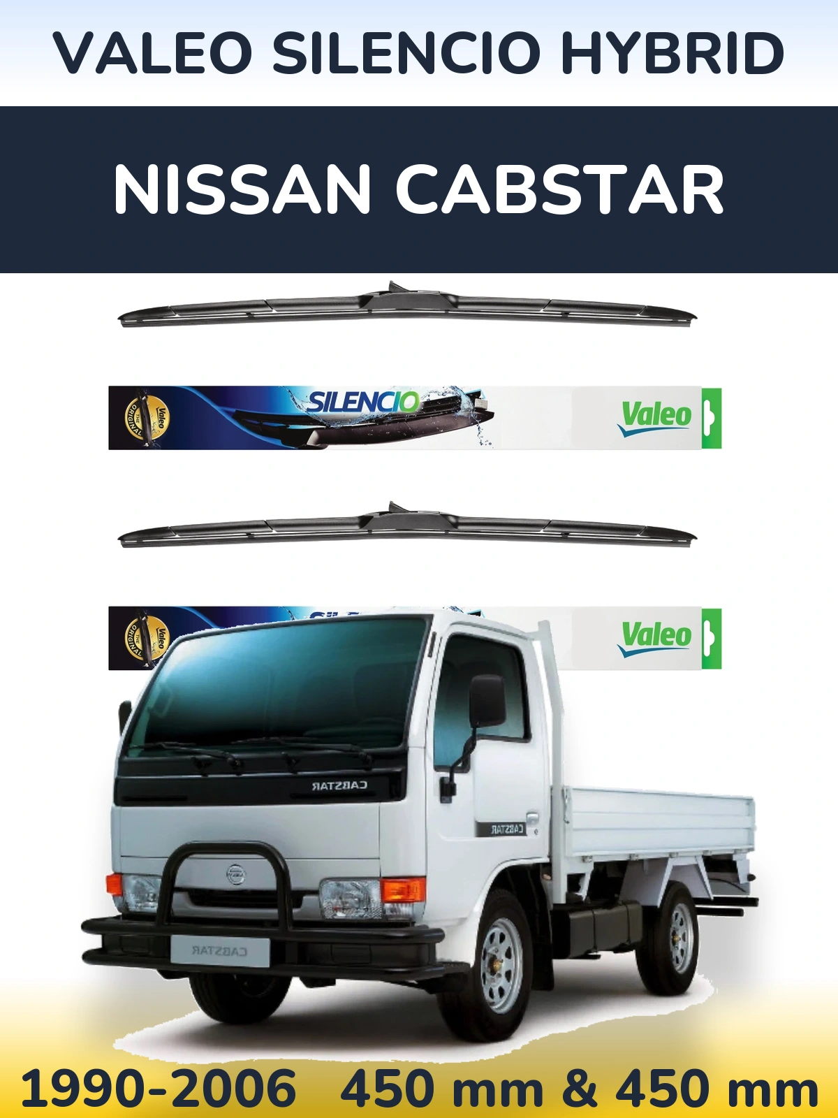 Front wiper blade set Valeo Silencio Hybrid 450 & 450 мм for Nissan Cabstar 1990-2006