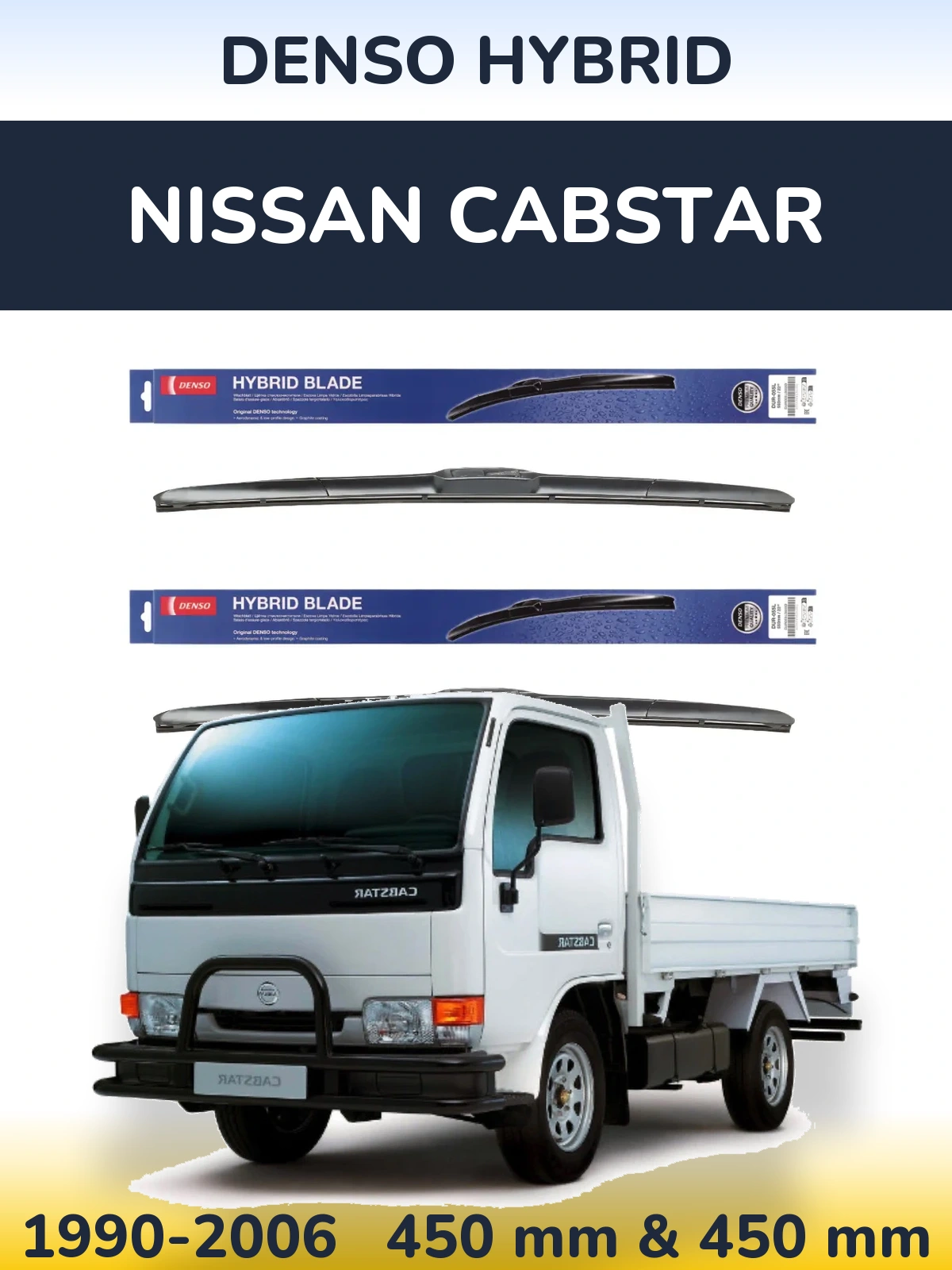 Front wiper blade set Denso Hybrid 450 & 450 mm for Nissan Cabstar 1990-2006