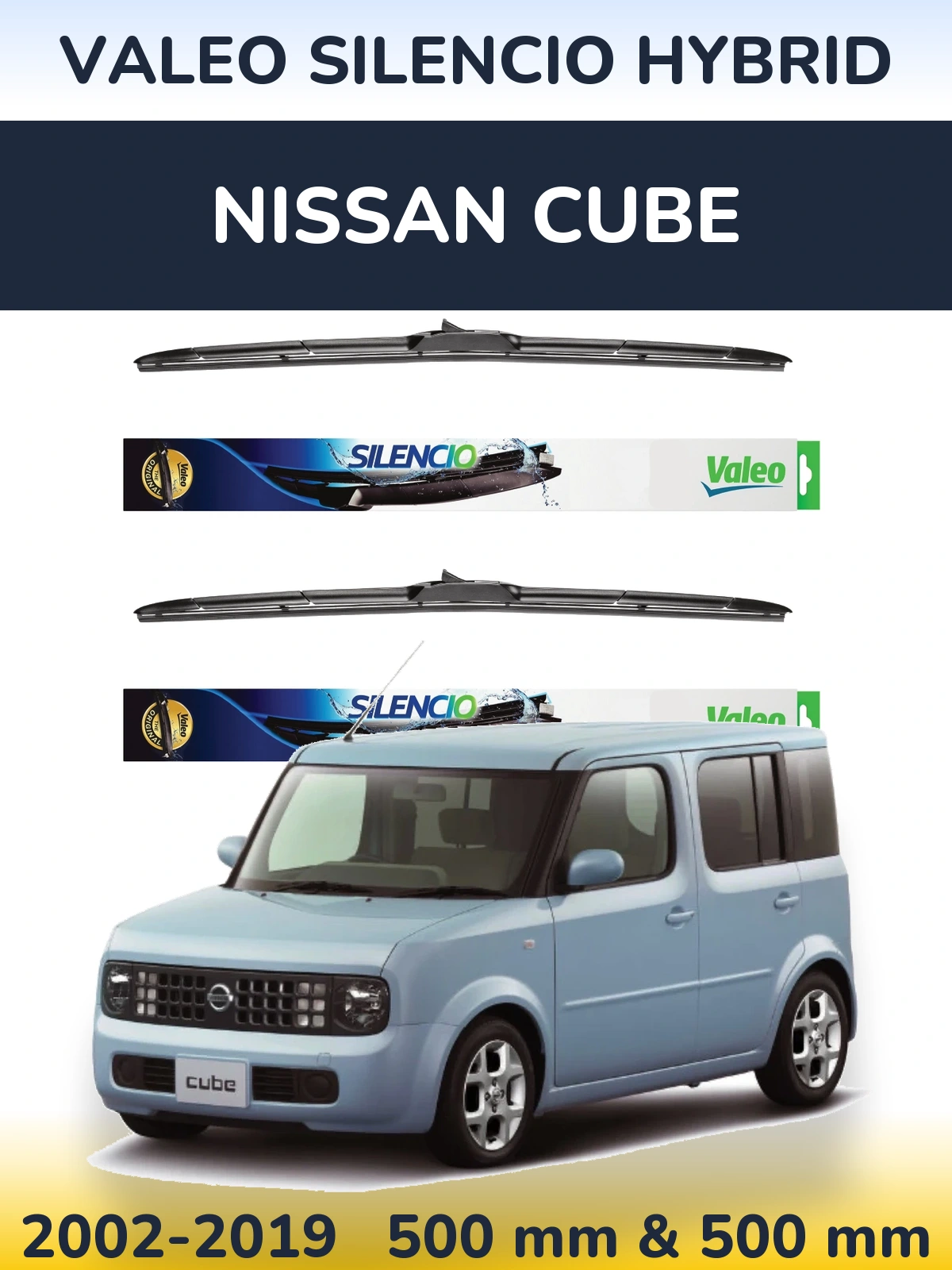 Front wiper blade set Valeo Silencio Hybrid 500 & 500 mm for Nissan Cube 2002-2019