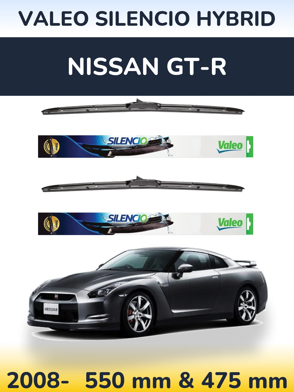 Front wiper blade set Valeo Silencio Hybrid 550 & 475 мм for Nissan GT-R 2008-2026