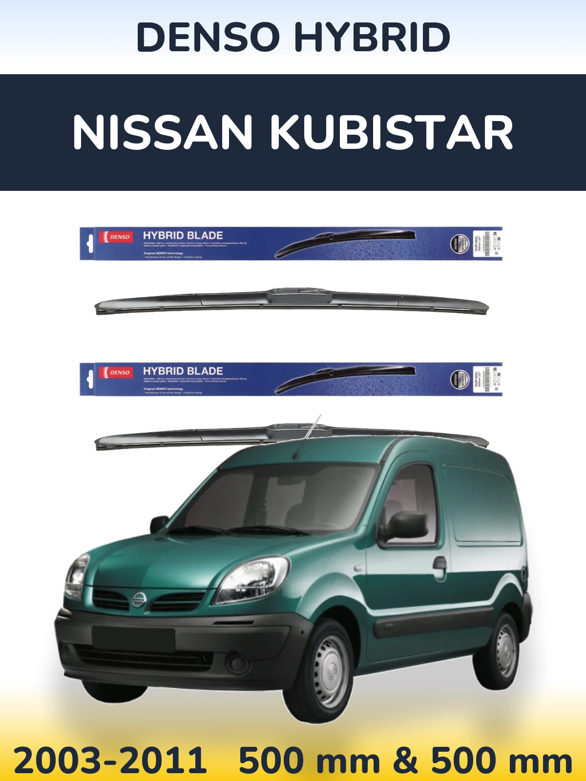 Front wiper blade set Denso Hybrid 500 & 500 mm for Nissan Kubistar 2003-2011