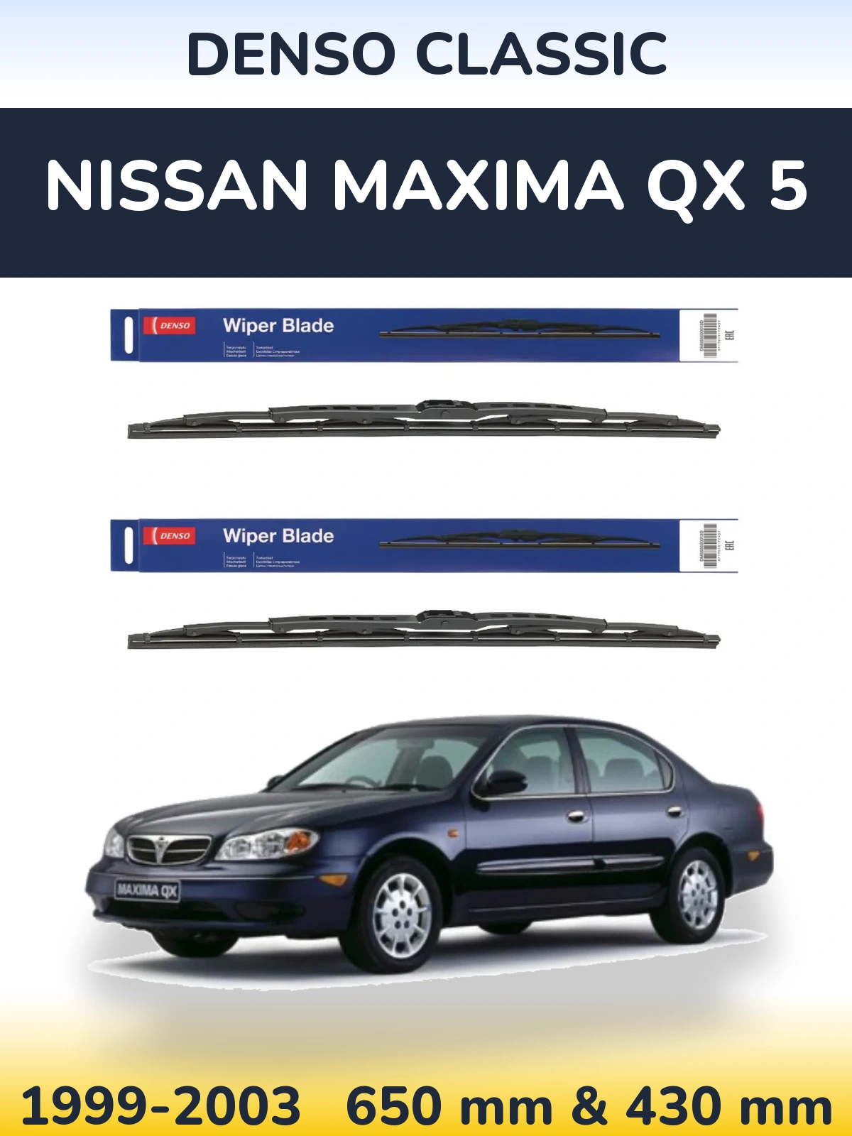 Front wiper blade set Denso Classic 650 & 430 mm for Nissan Maxima QX 5 1999-2003