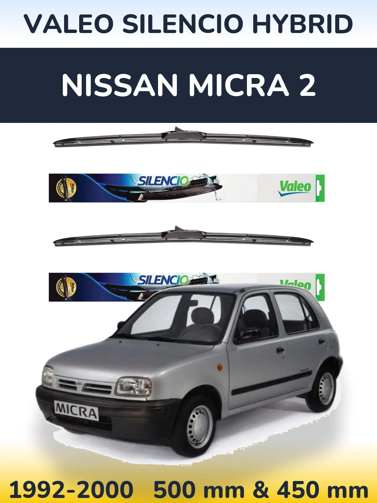 Front wiper blade set Valeo Silencio Hybrid 500 & 450 мм for Nissan Micra 2 1992-2000
