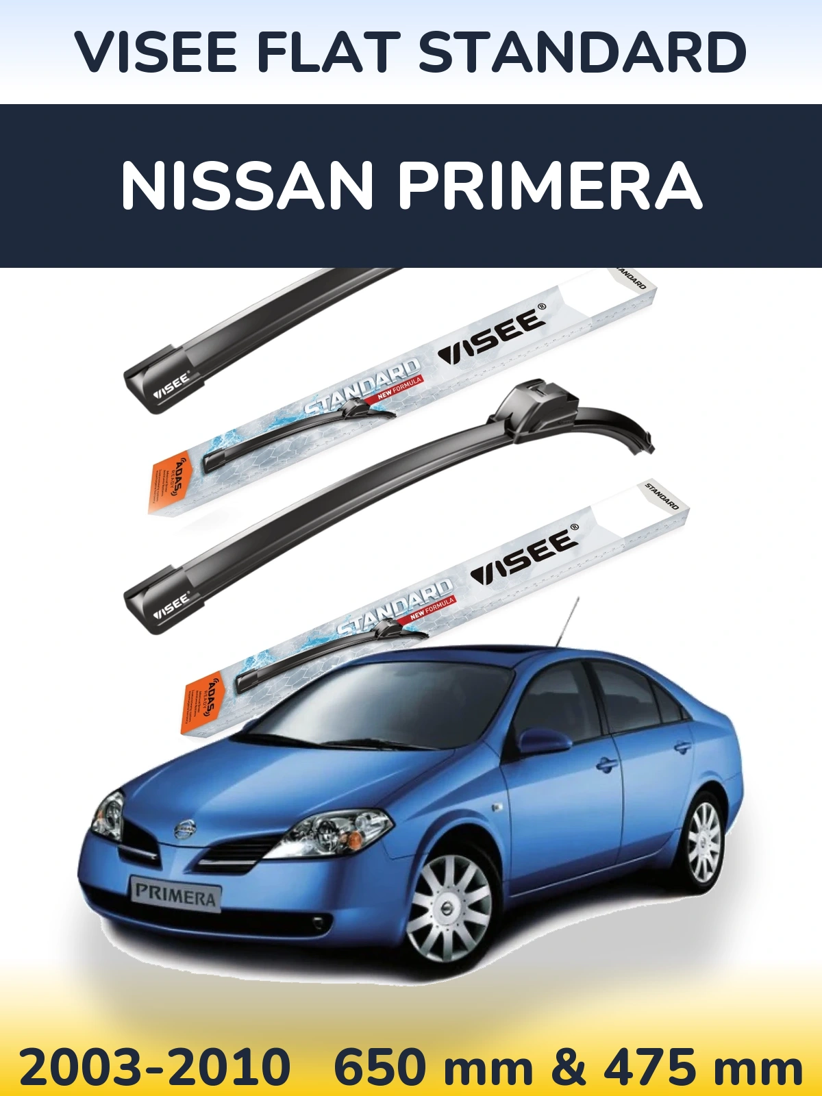 Комплект передних дворников VISEE FLAT STANDARD 650 & 475 мм для Nissan Primera 2003-2010