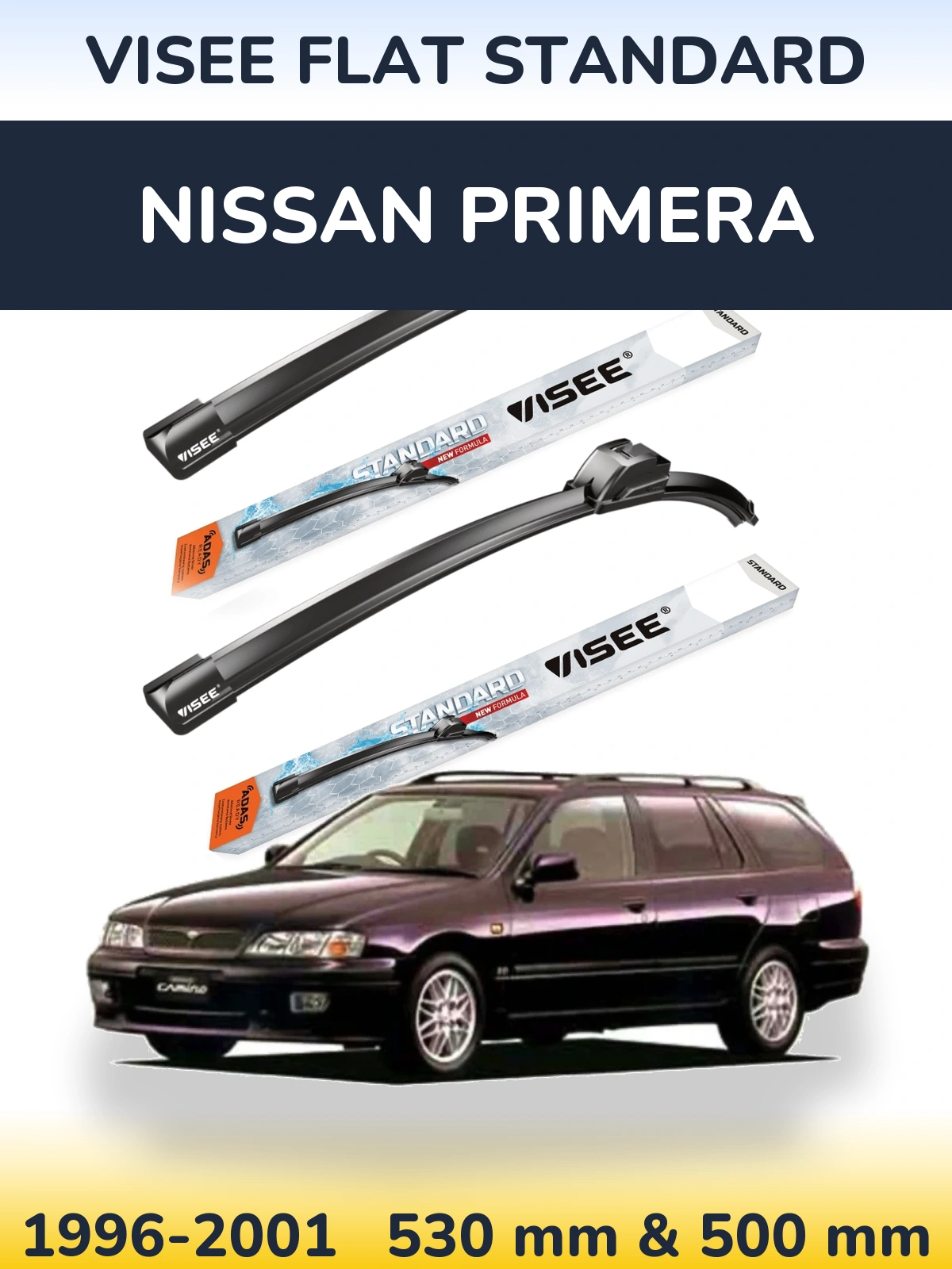Front wiper blade set VISEE FLAT STANDARD 530 & 500 mm for Nissan Primera 1996-2001
