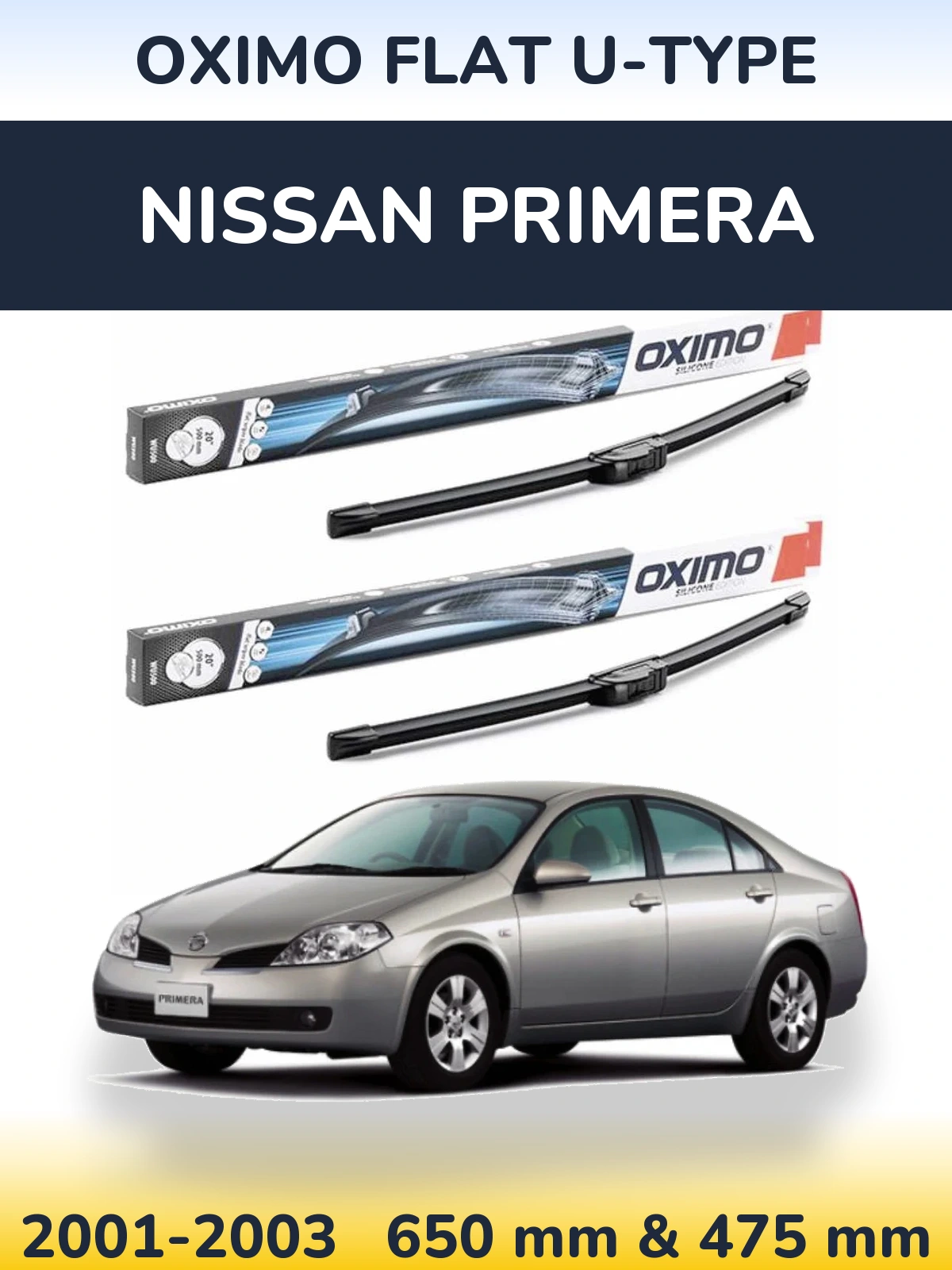 Front wiper blade set Oximo Flat U-type 650 & 475 мм for Nissan Primera 2001-2003