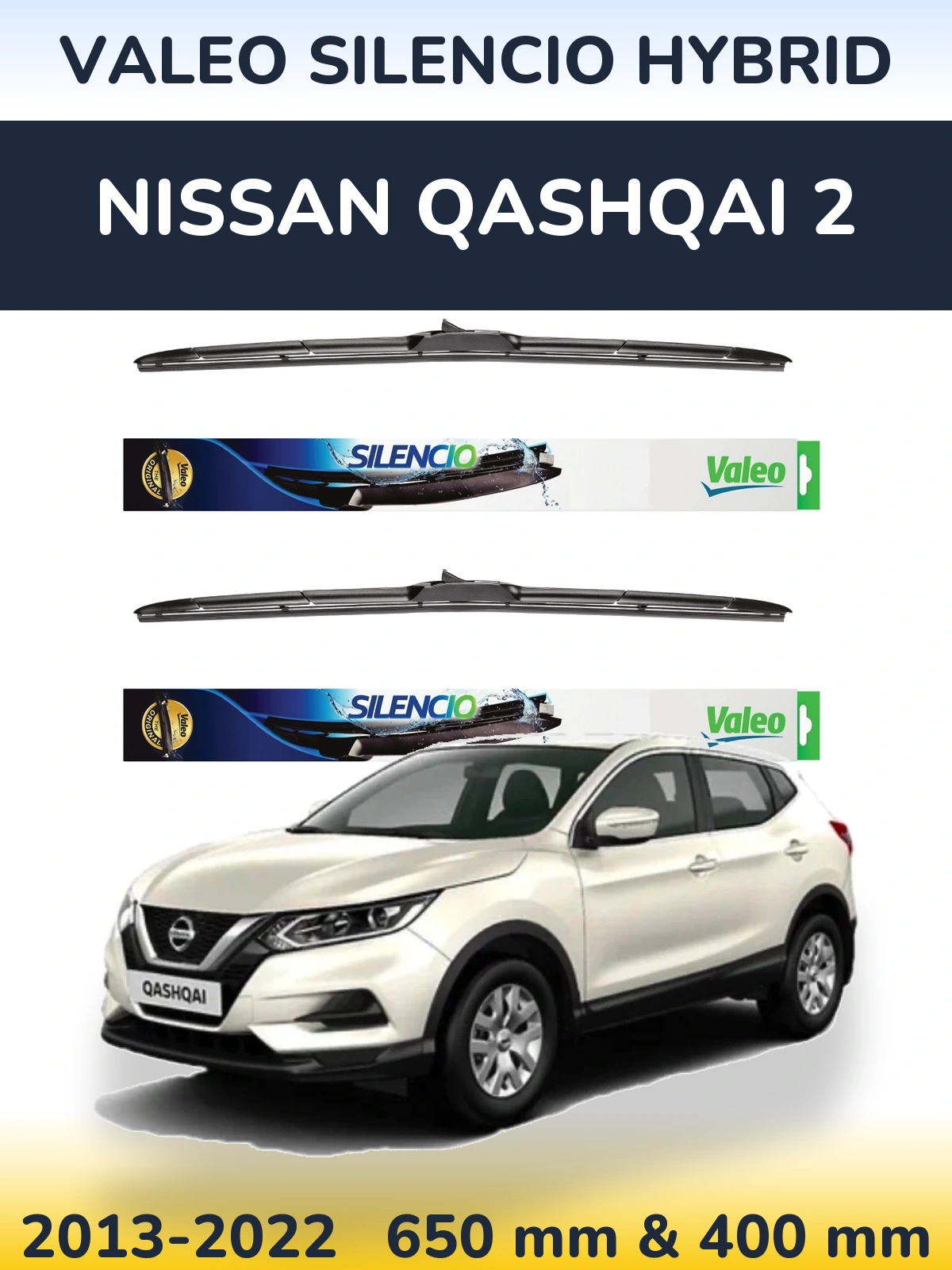 Front wiper blade set Valeo Silencio Hybrid 650 & 400 mm for Nissan Qashqai 2 2013-2022