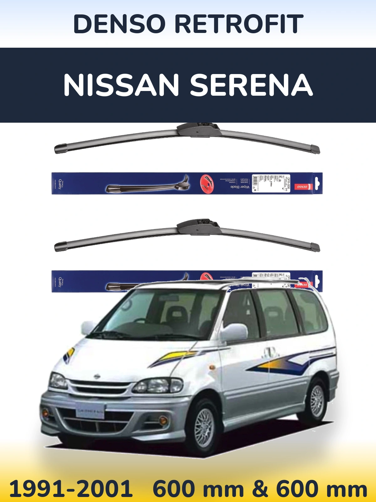 Front wiper blade set Denso Retrofit 600 & 600 mm for Nissan Serena 1991-2001