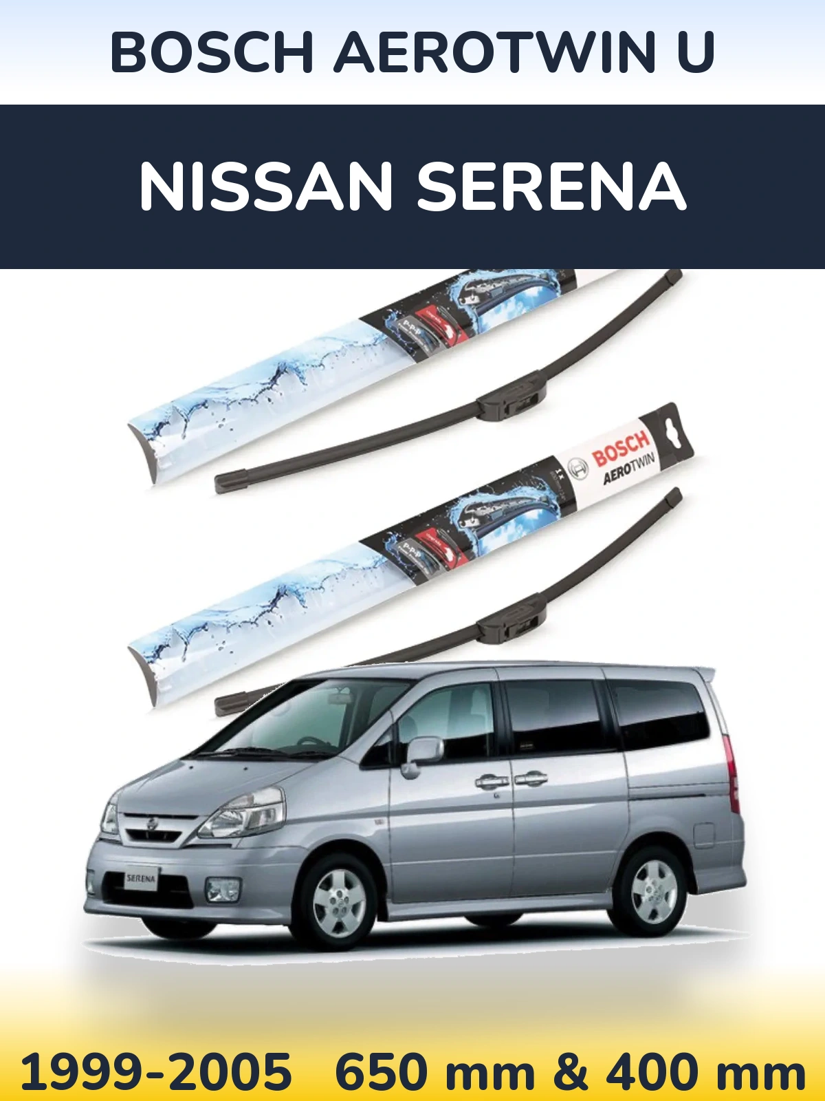 Front wiper blade set BOSCH AeroTwin U 650 & 400 мм for Nissan Serena 1999-2005
