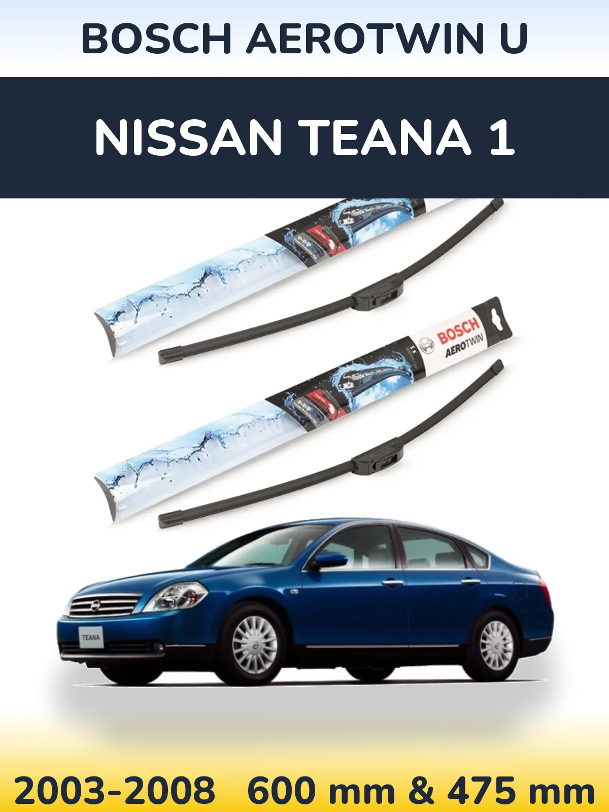 Front wiper blade set BOSCH AeroTwin U 600 & 475 мм for Nissan Teana 1 2003-2008