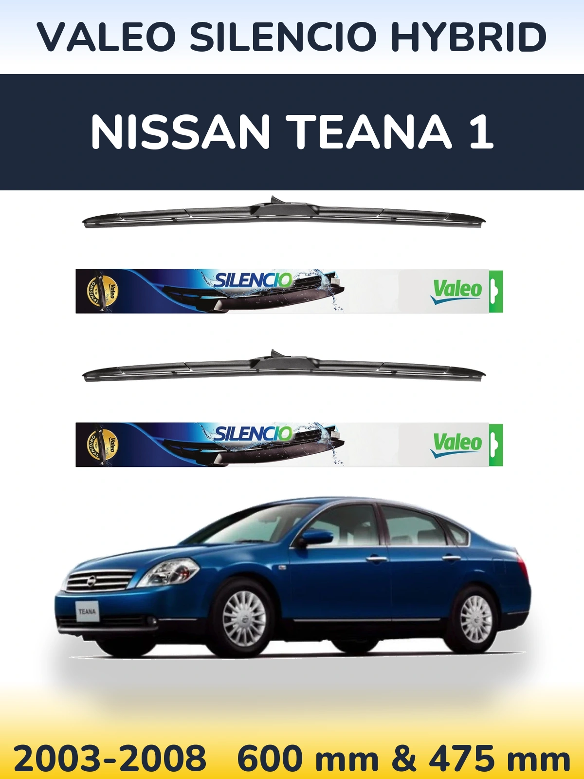 Front wiper blade set Valeo Silencio Hybrid 600 & 475 mm for Nissan Teana 1 2003-2008
