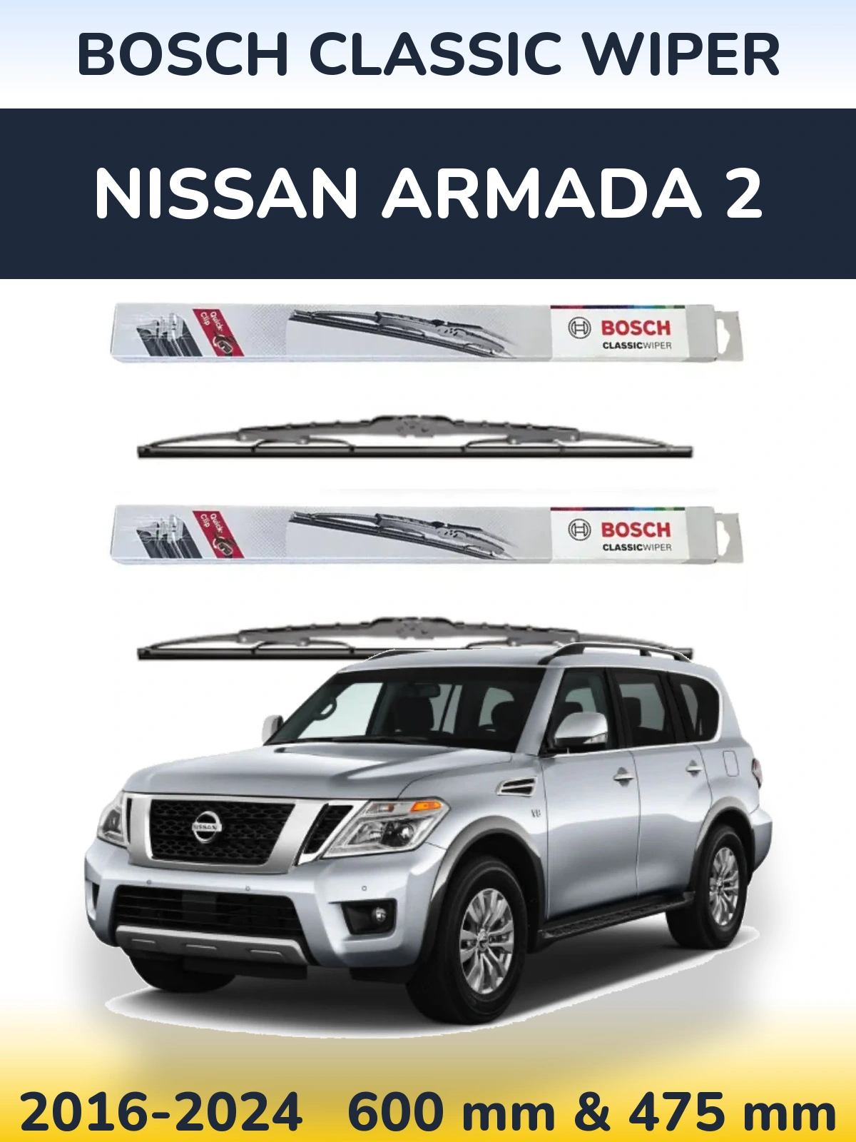 Front wiper blade set BOSCH Classic Wiper 600 & 475 мм for Nissan Armada 2 2016-2024