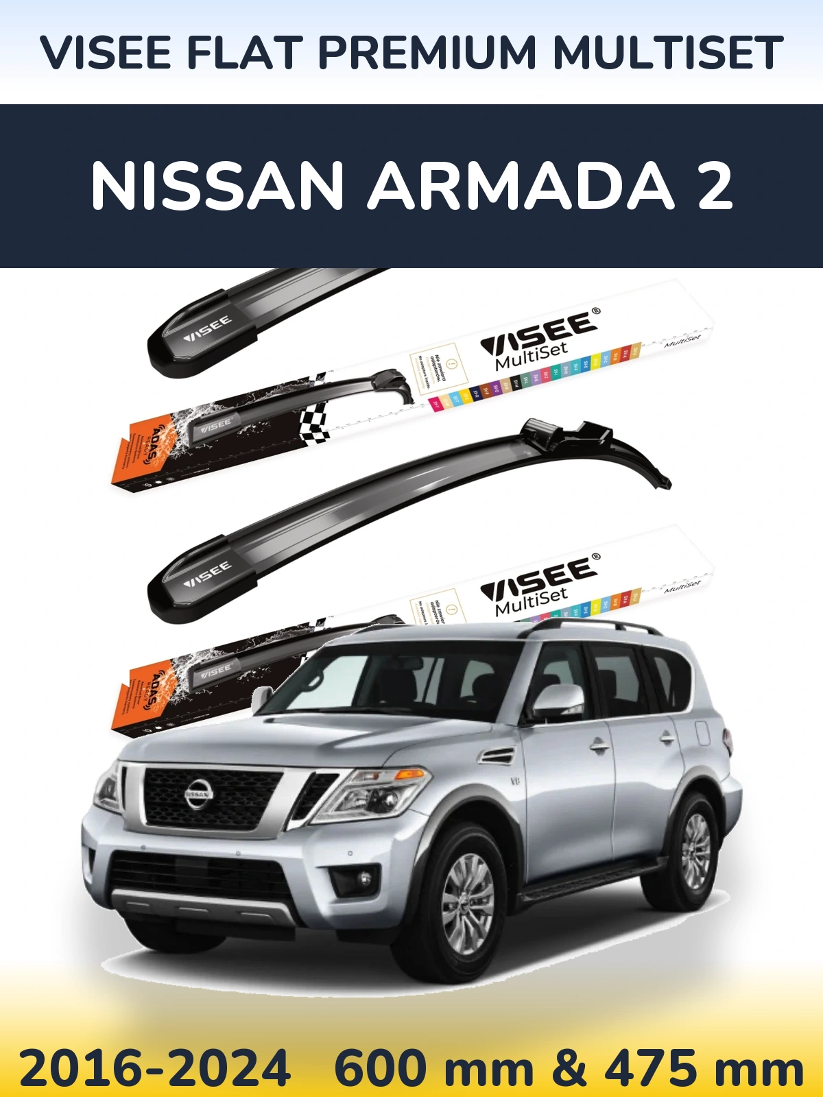 Front wiper blade set VISEE FLAT PREMIUM MultiSet 600 & 475 мм for Nissan Armada 2 2016-2024